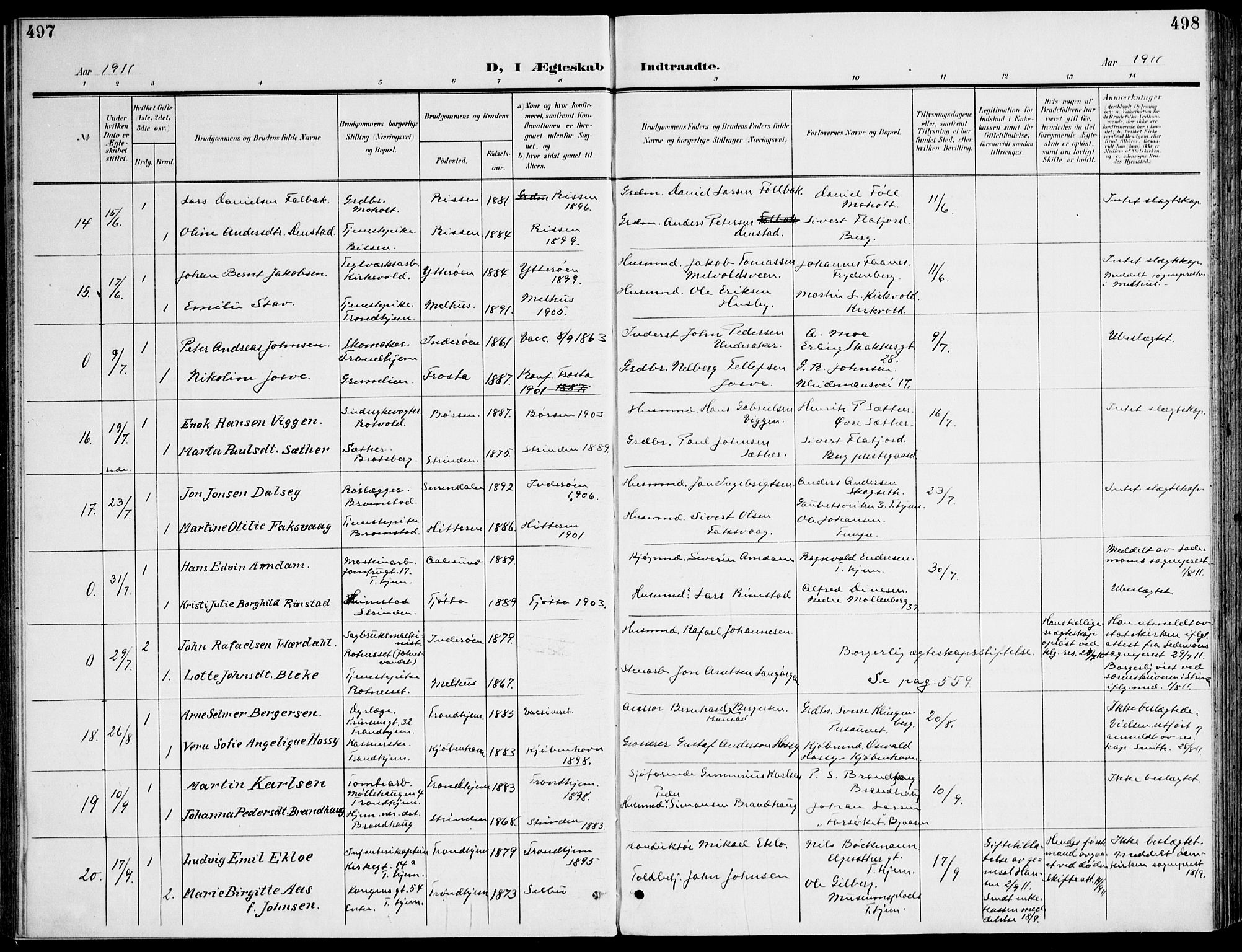 Ministerialprotokoller, klokkerbøker og fødselsregistre - Sør-Trøndelag, AV/SAT-A-1456/607/L0320: Parish register (official) no. 607A04, 1907-1915, p. 497-498