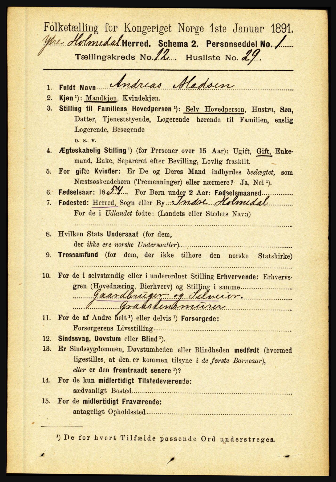 RA, 1891 census for 1429 Ytre Holmedal, 1891, p. 3366