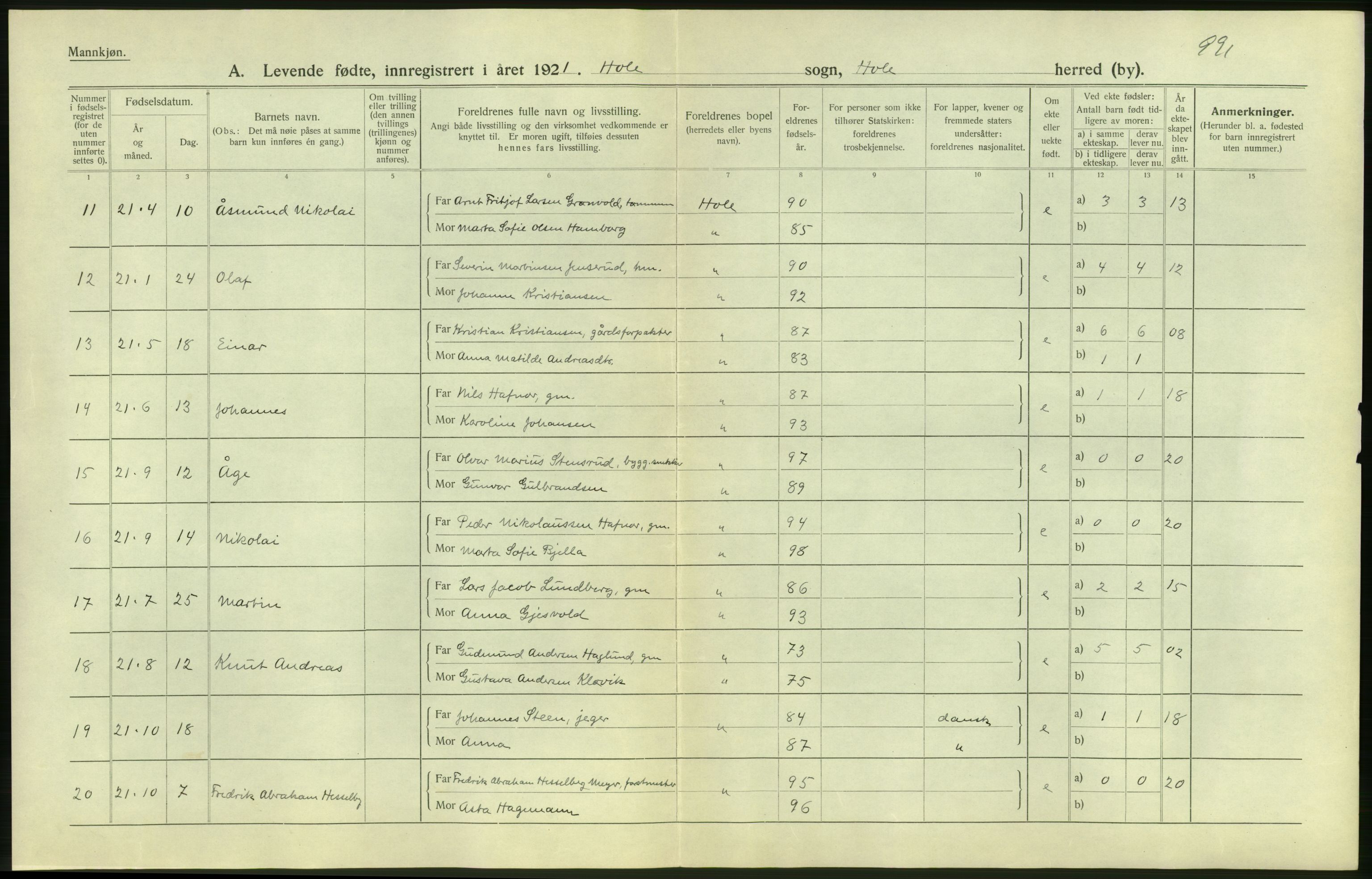 Statistisk sentralbyrå, Sosiodemografiske emner, Befolkning, AV/RA-S-2228/D/Df/Dfc/Dfca/L0018: Buskerud fylke: Levendefødte menn og kvinner. Bygder., 1921, p. 4