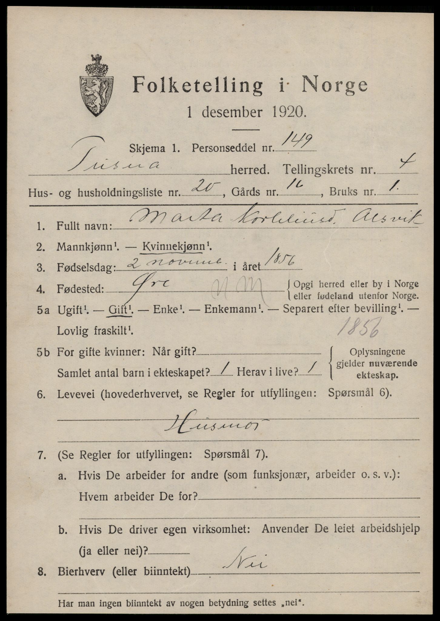 SAT, 1920 census for Tustna, 1920, p. 2021