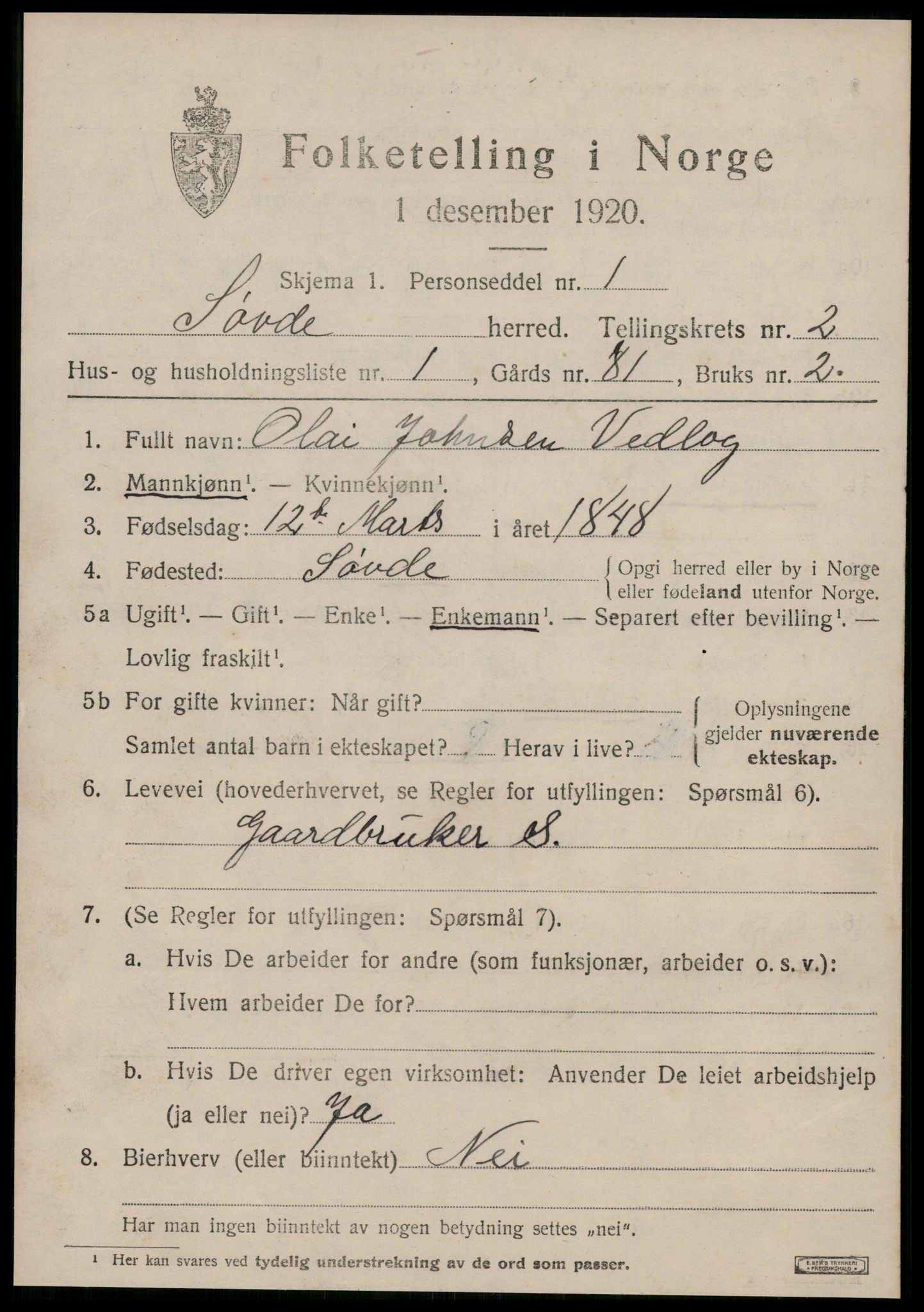 SAT, 1920 census for Syvde, 1920, p. 614