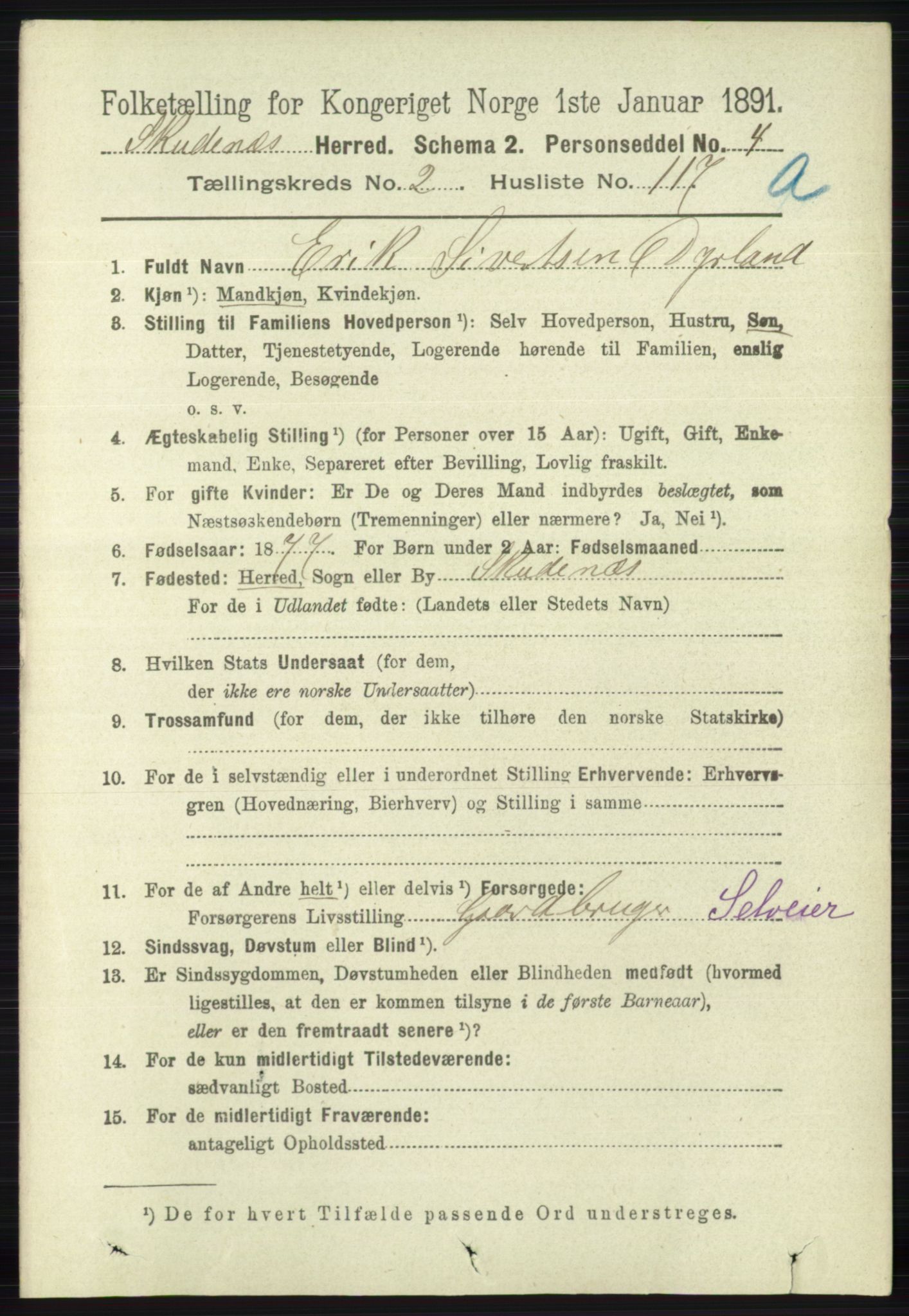 RA, 1891 census for 1150 Skudenes, 1891, p. 1325