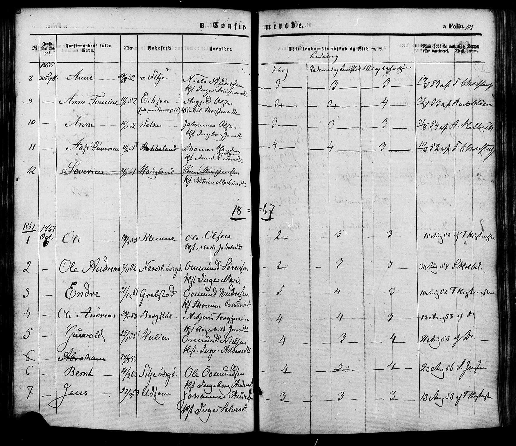 Søgne sokneprestkontor, AV/SAK-1111-0037/F/Fa/Faa/L0002: Parish register (official) no. A 2, 1854-1882, p. 107