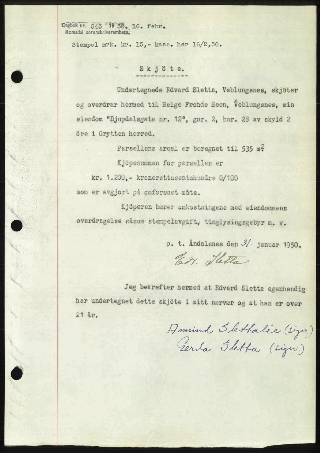 Romsdal sorenskriveri, AV/SAT-A-4149/1/2/2C: Mortgage book no. A32, 1950-1950, Diary no: : 543/1950