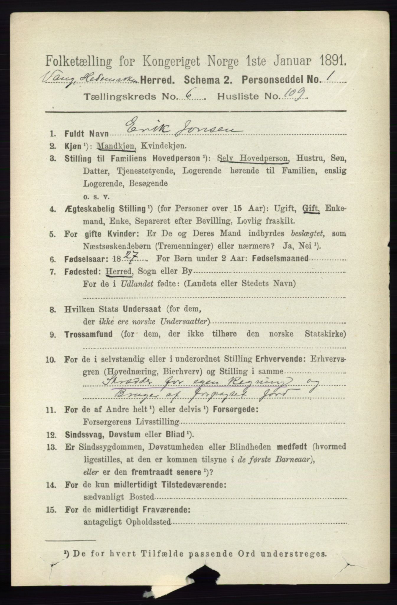 RA, 1891 census for 0414 Vang, 1891, p. 4915