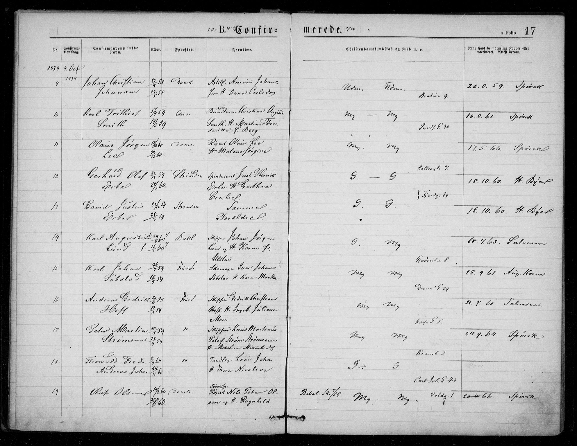 Ministerialprotokoller, klokkerbøker og fødselsregistre - Sør-Trøndelag, AV/SAT-A-1456/602/L0121: Parish register (official) no. 602A19, 1872-1879, p. 17