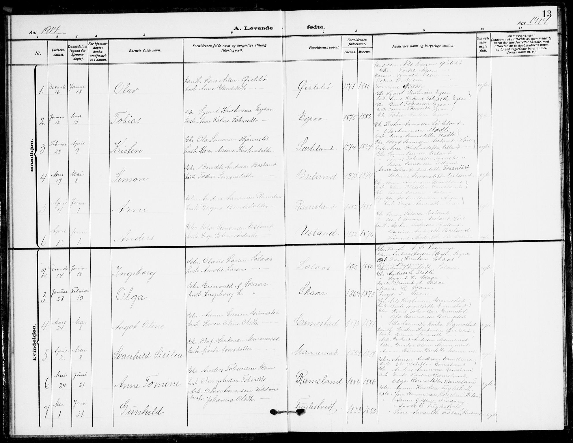 Holum sokneprestkontor, AV/SAK-1111-0022/F/Fb/Fbc/L0004: Parish register (copy) no. B 4, 1908-1930, p. 13