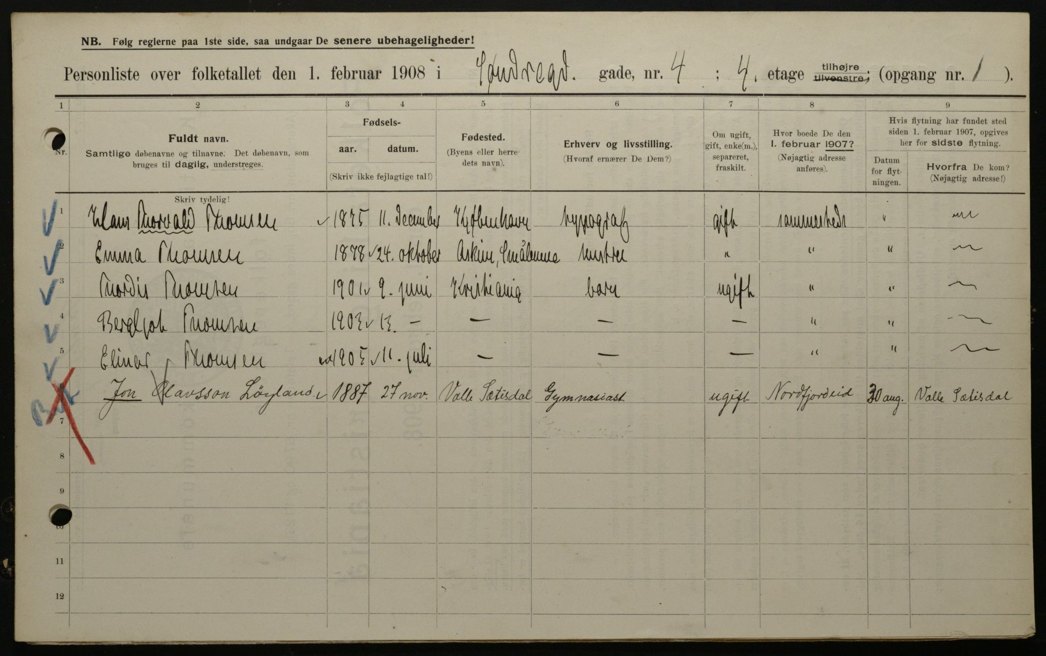 OBA, Municipal Census 1908 for Kristiania, 1908, p. 95560