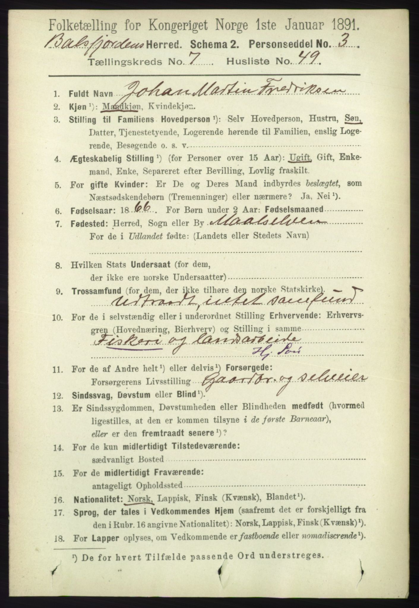 RA, 1891 census for 1933 Balsfjord, 1891, p. 2361