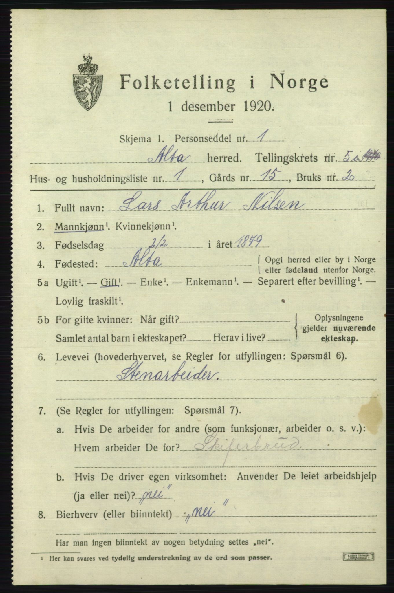 SATØ, 1920 census for Alta, 1920, p. 3447