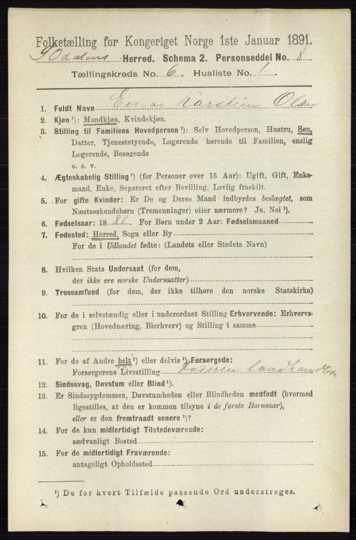 RA, 1891 census for 0419 Sør-Odal, 1891, p. 2802