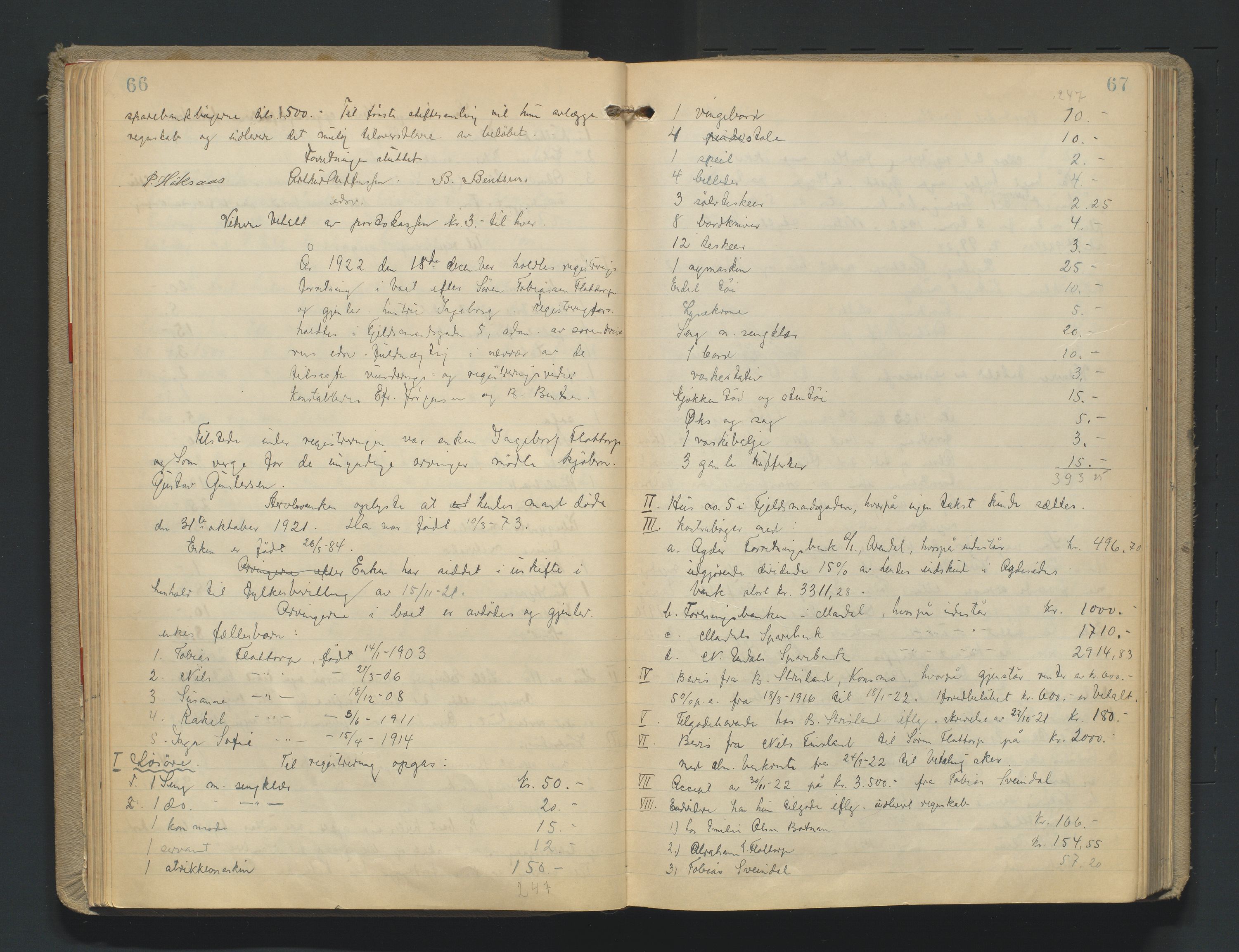 Mandal sorenskriveri, AV/SAK-1221-0005/001/H/Hc/L0067: Skifteregistreringsprotokoll nr 23 Mandal by, 1921-1944, p. 66-67