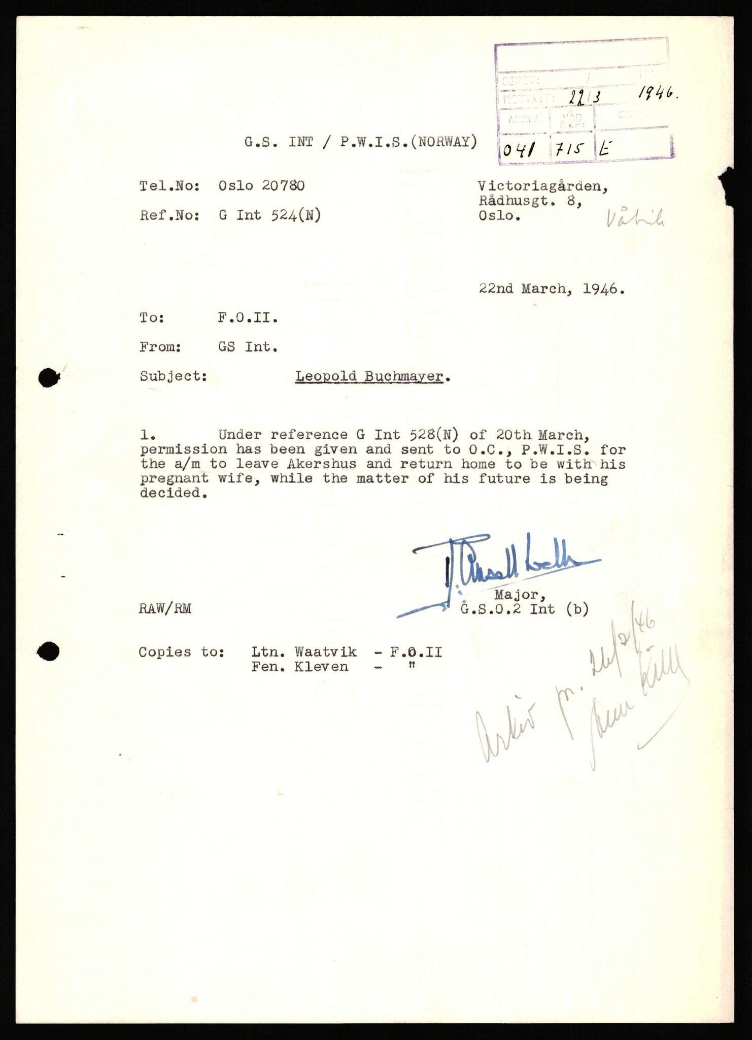 Forsvaret, Forsvarets overkommando II, AV/RA-RAFA-3915/D/Db/L0038: CI Questionaires. Tyske okkupasjonsstyrker i Norge. Østerrikere., 1945-1946, p. 140