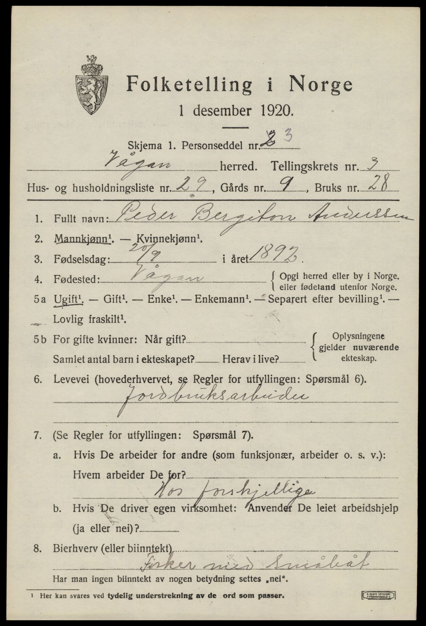 SAT, 1920 census for Vågan, 1920, p. 2931