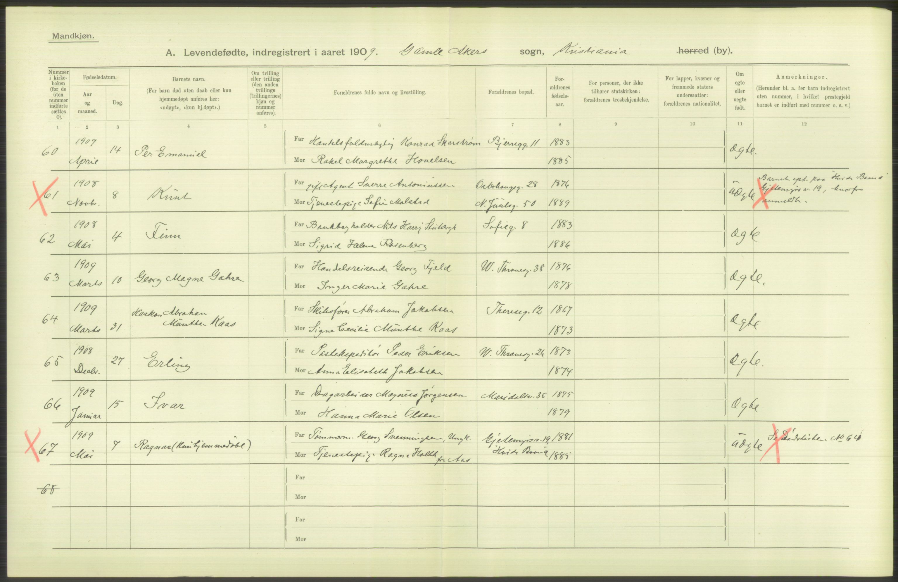 Statistisk sentralbyrå, Sosiodemografiske emner, Befolkning, RA/S-2228/D/Df/Dfa/Dfag/L0007: Kristiania: Levendefødte menn og kvinner., 1909, p. 382