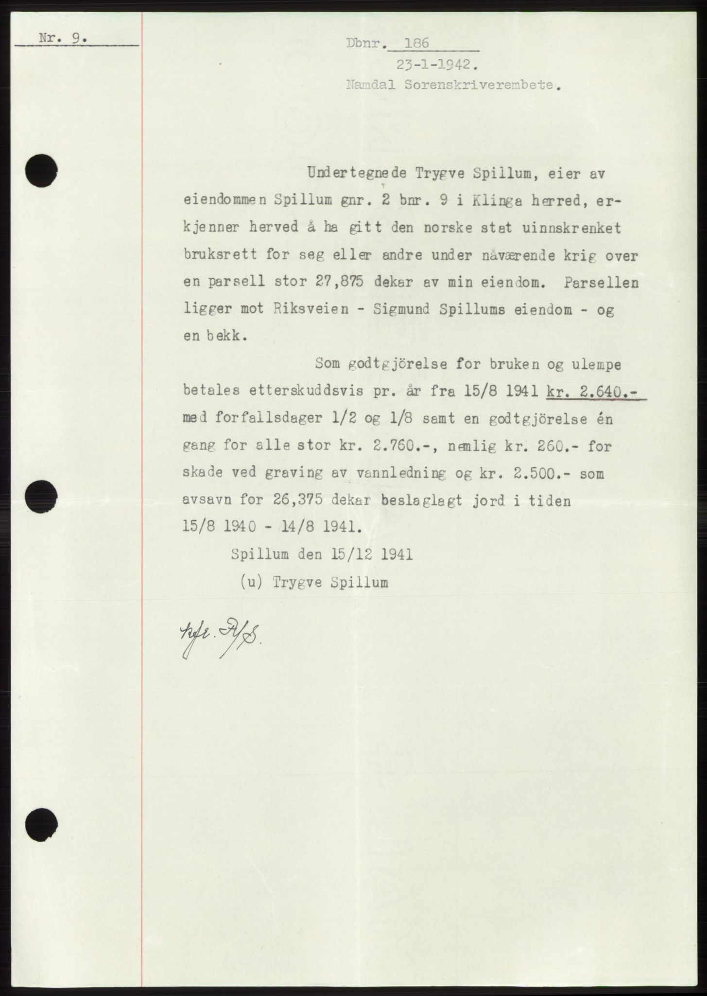 Namdal sorenskriveri, SAT/A-4133/1/2/2C: Mortgage book no. -, 1941-1942, Diary no: : 186/1942