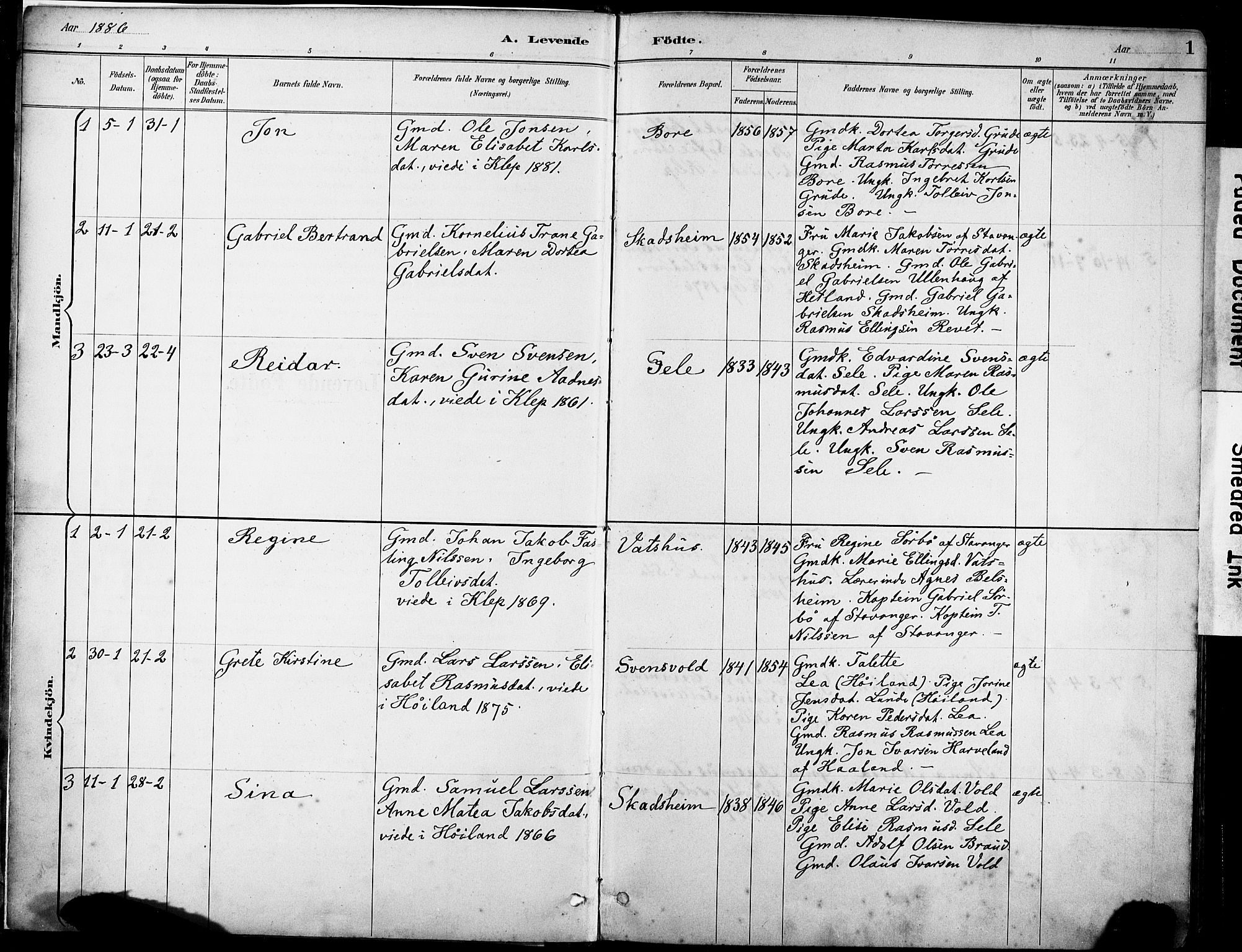 Klepp sokneprestkontor, SAST/A-101803/001/3/30BA/L0008: Parish register (official) no. A 9, 1886-1919, p. 1