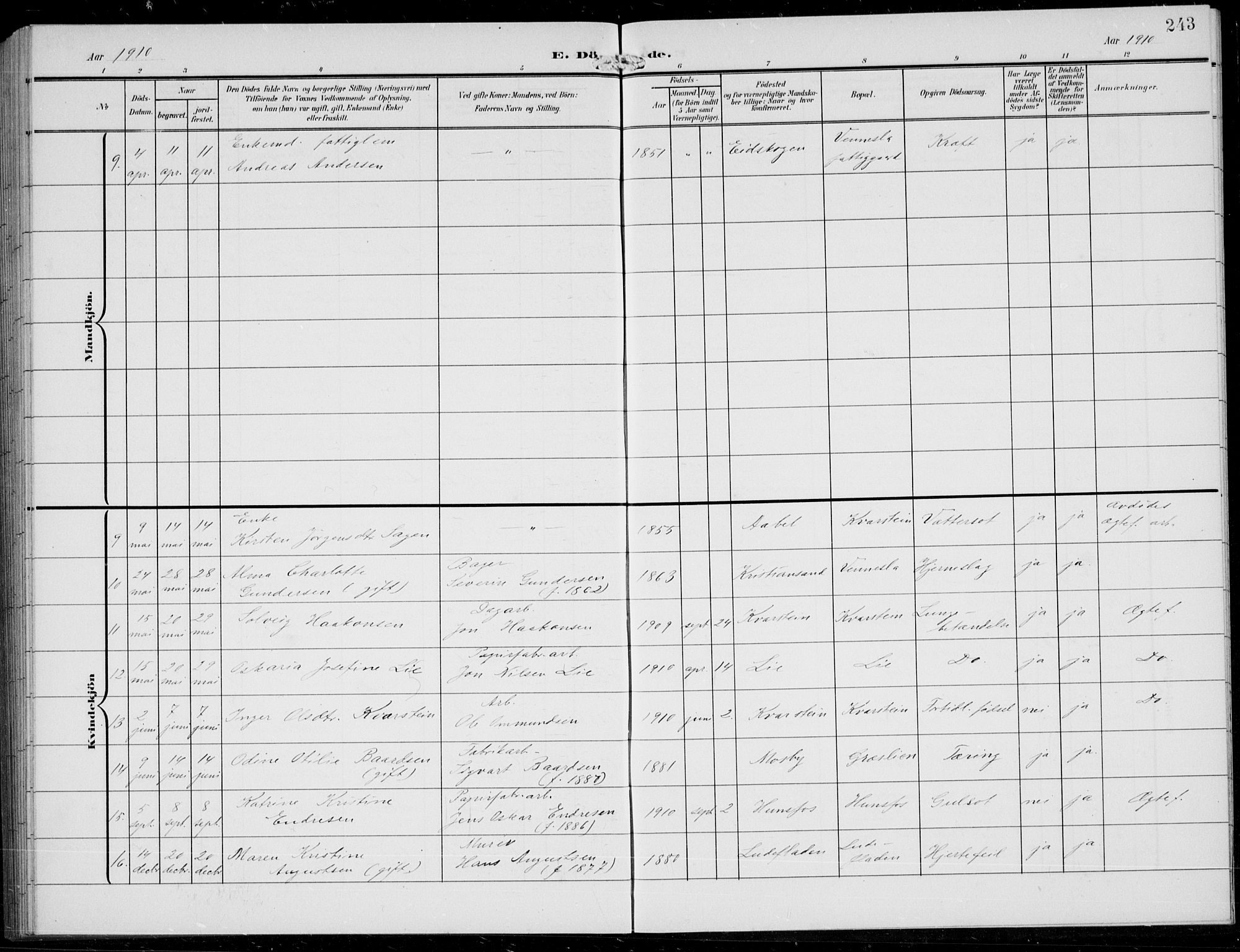 Vennesla sokneprestkontor, AV/SAK-1111-0045/Fb/Fbb/L0005: Parish register (copy) no. B 5, 1903-1913, p. 243