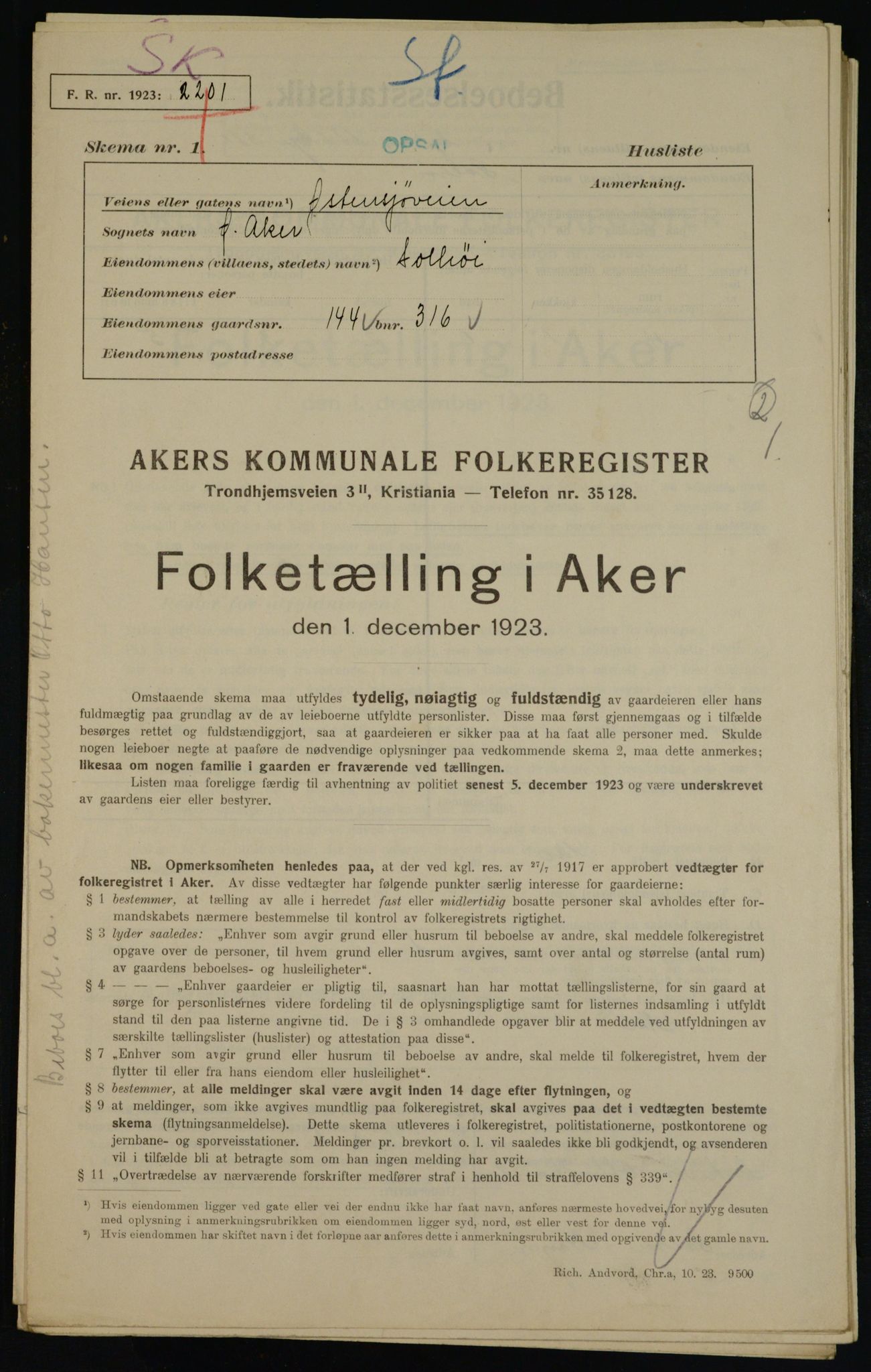 , Municipal Census 1923 for Aker, 1923, p. 36536