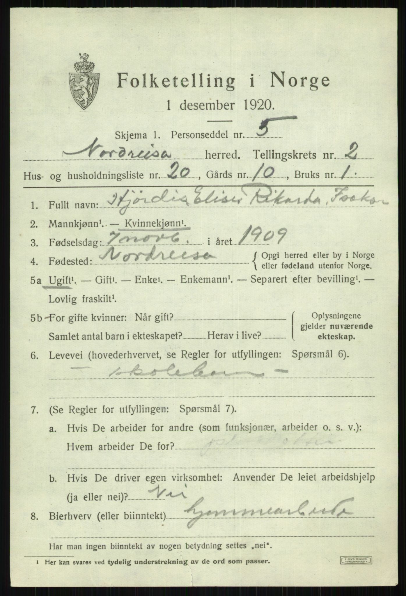 SATØ, 1920 census for Nordreisa, 1920, p. 1243