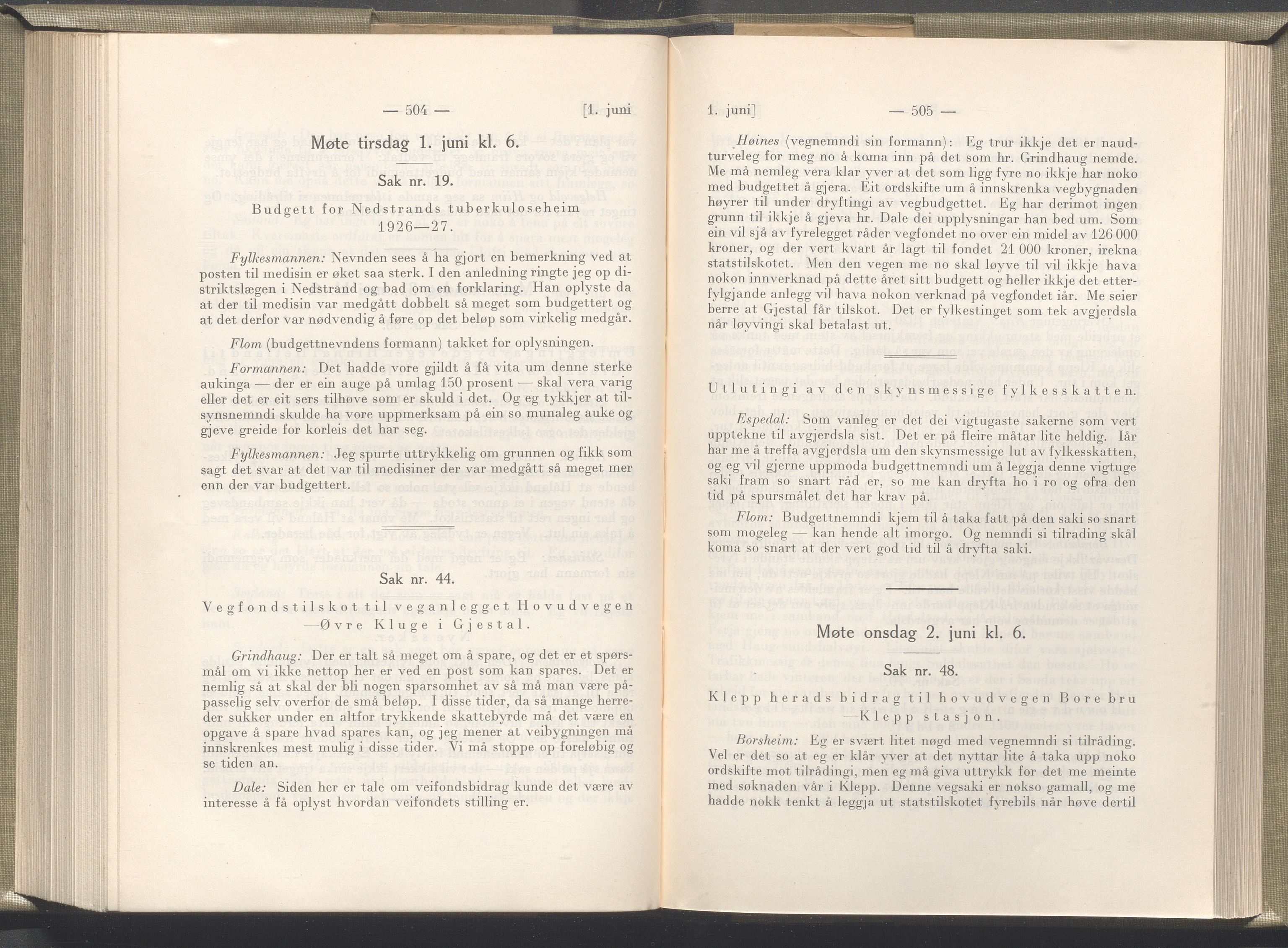 Rogaland fylkeskommune - Fylkesrådmannen , IKAR/A-900/A/Aa/Aaa/L0045: Møtebok , 1926, p. 504-505