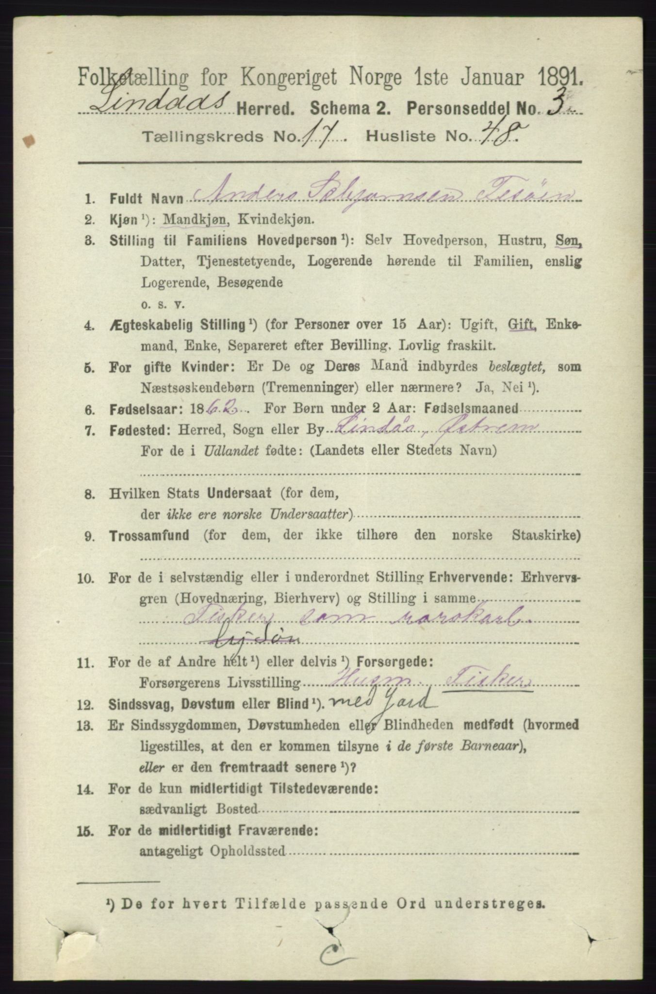 RA, 1891 census for 1263 Lindås, 1891, p. 6460