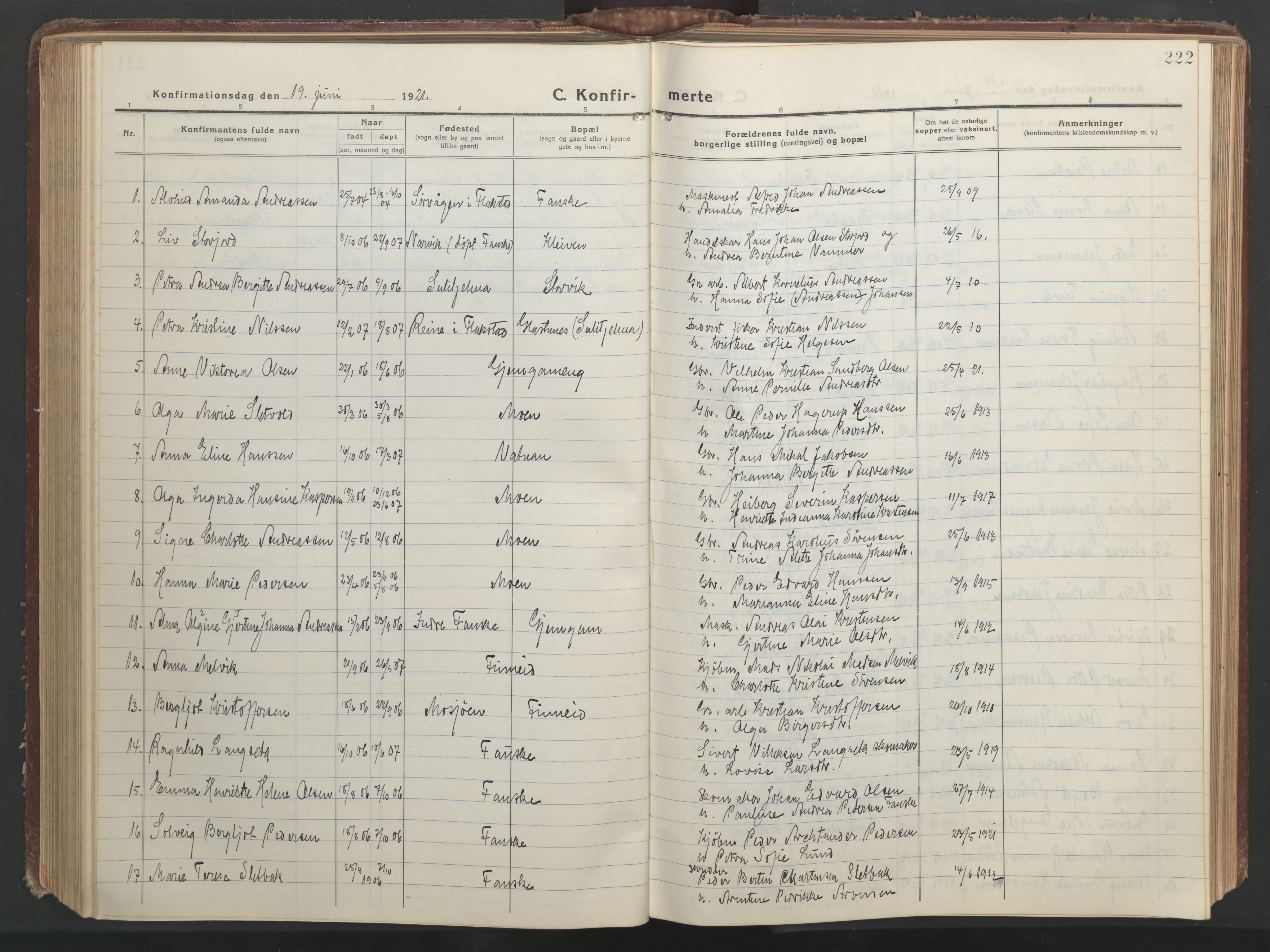 Ministerialprotokoller, klokkerbøker og fødselsregistre - Nordland, AV/SAT-A-1459/849/L0700: Parish register (copy) no. 849C01, 1919-1946, p. 222