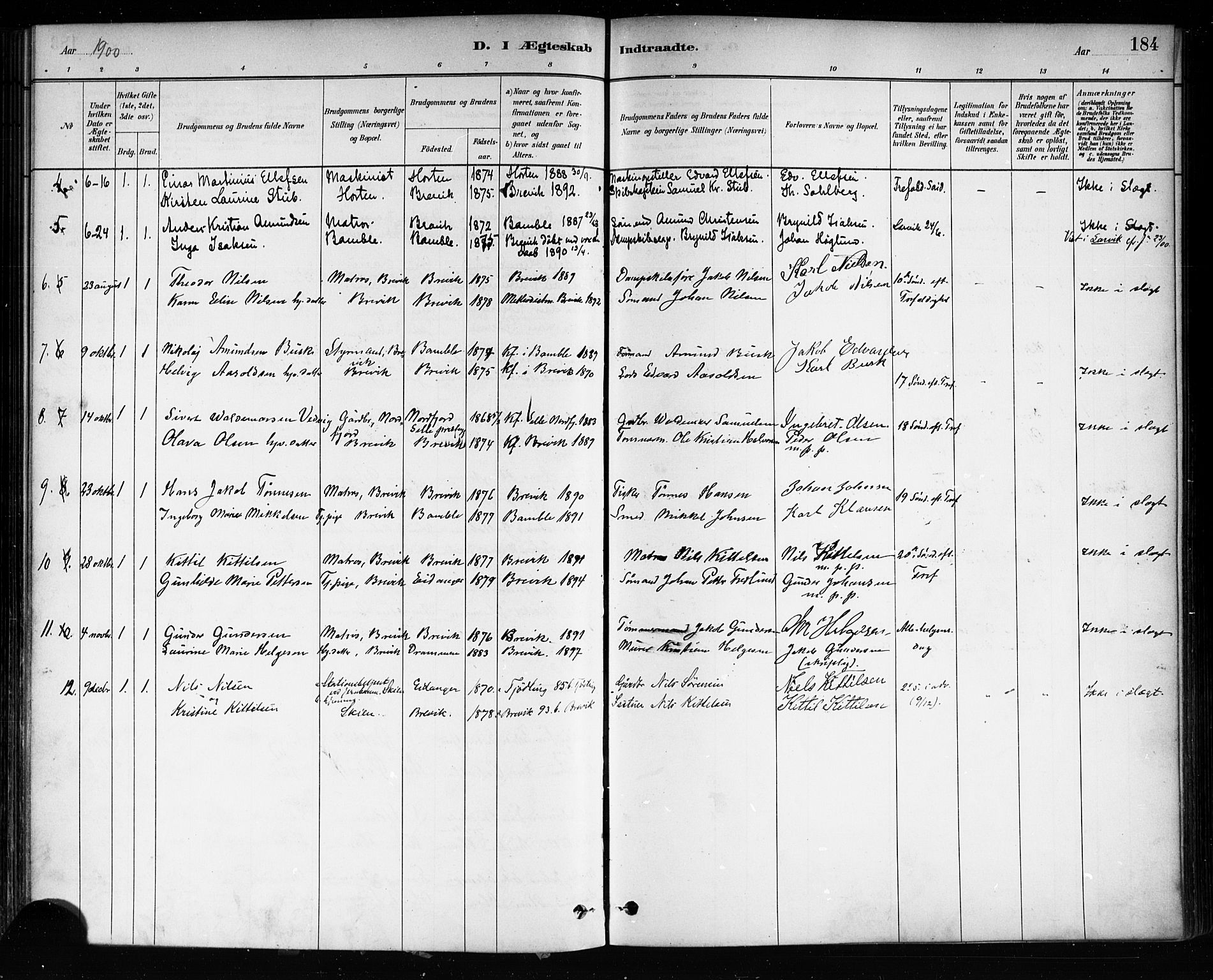 Brevik kirkebøker, SAKO/A-255/F/Fa/L0007: Parish register (official) no. 7, 1882-1900, p. 184
