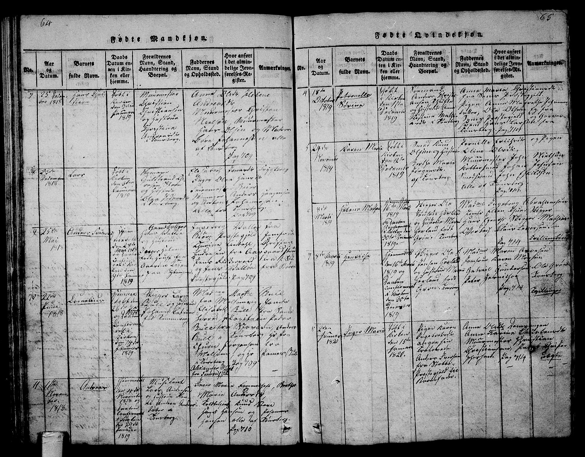 Tønsberg kirkebøker, SAKO/A-330/G/Ga/L0001: Parish register (copy) no. 1, 1813-1826, p. 64-65