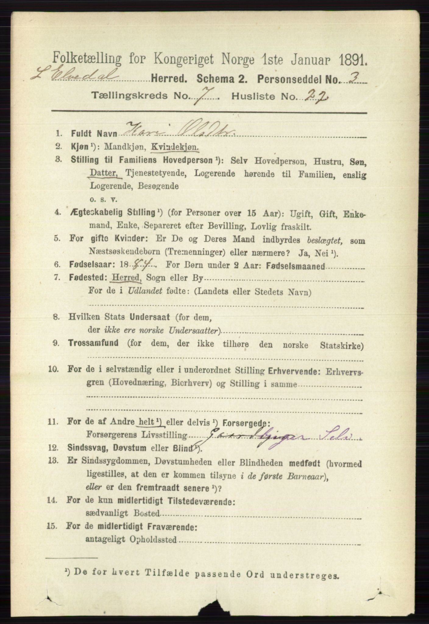 RA, 1891 census for 0438 Lille Elvedalen, 1891, p. 2421