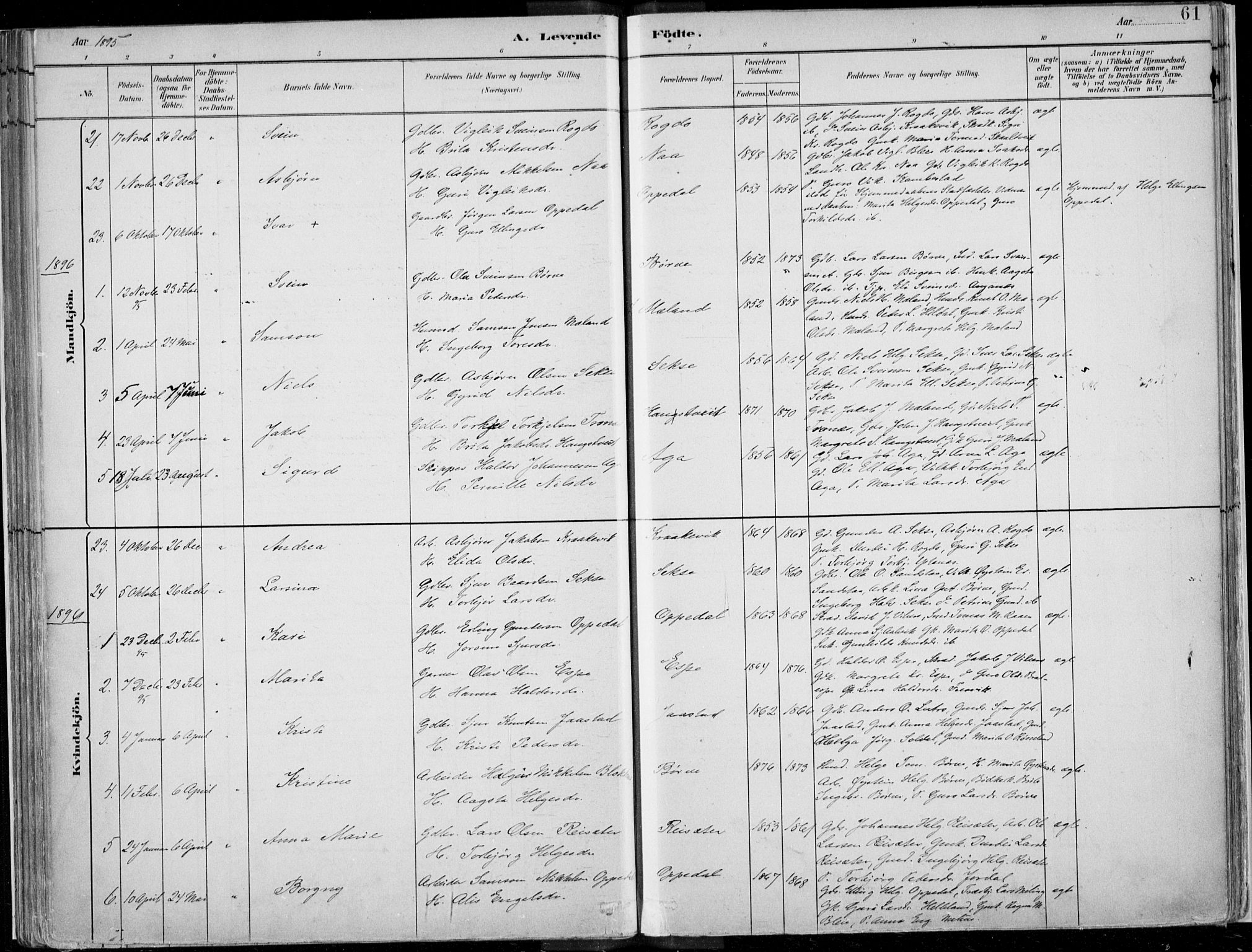 Ullensvang sokneprestembete, SAB/A-78701/H/Haa: Parish register (official) no. B  1, 1882-1918, p. 61
