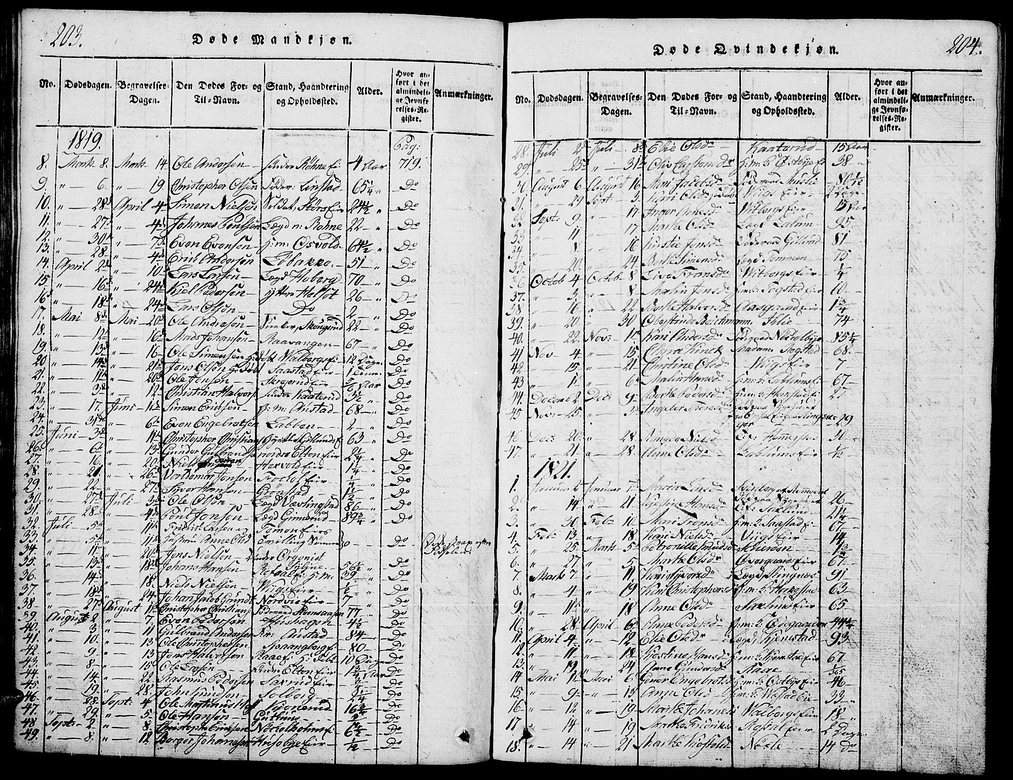 Stange prestekontor, SAH/PREST-002/L/L0001: Parish register (copy) no. 1, 1814-1825, p. 203-204