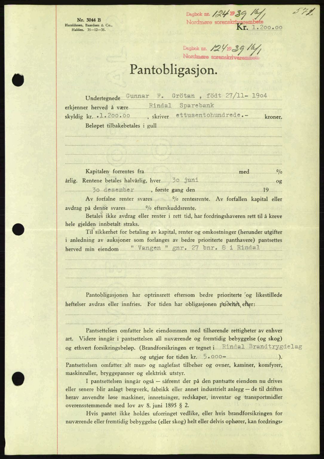 Nordmøre sorenskriveri, SAT/A-4132/1/2/2Ca: Mortgage book no. B84, 1938-1939, Diary no: : 124/1939