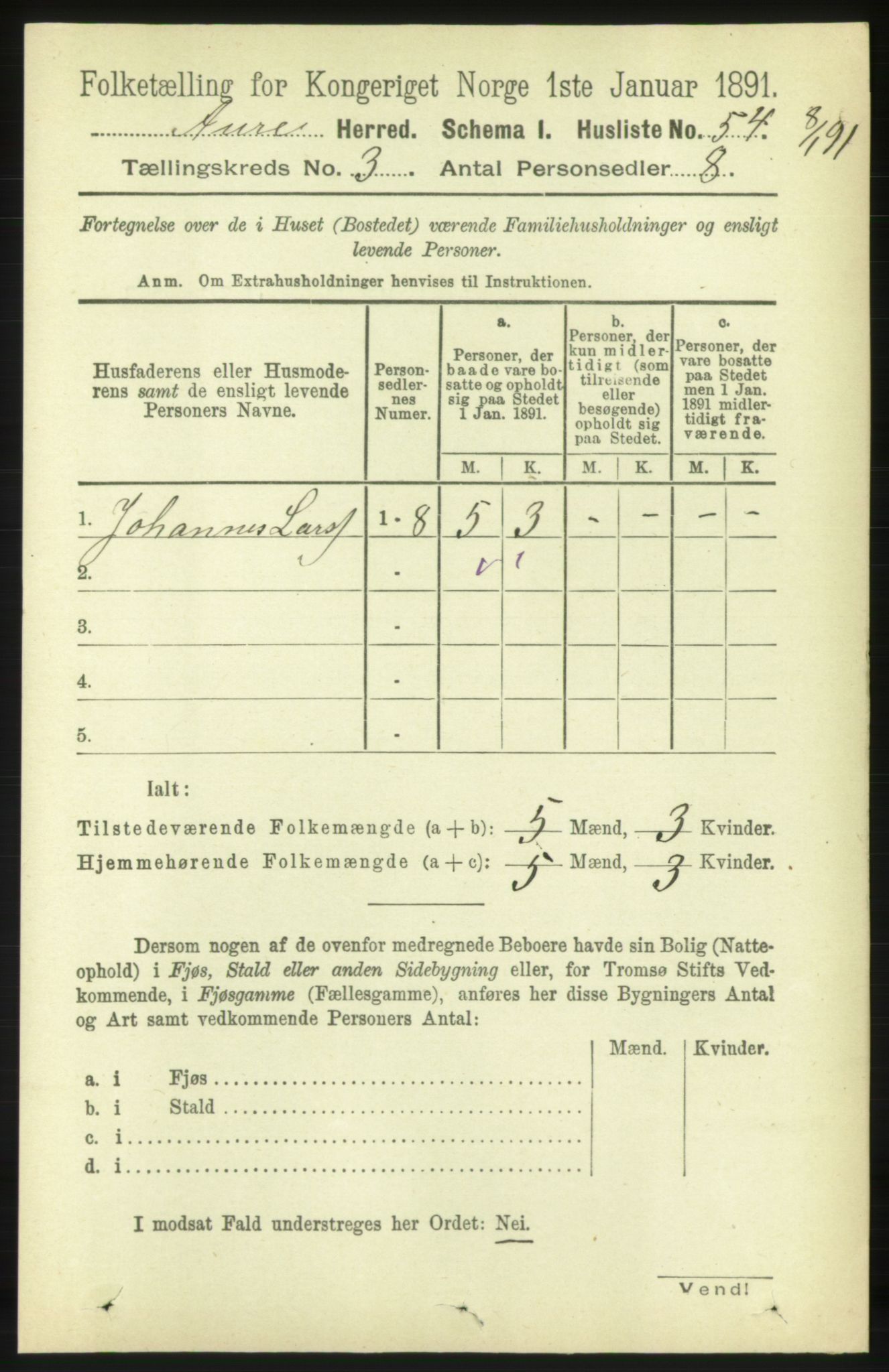 RA, 1891 census for 1569 Aure, 1891, p. 1545