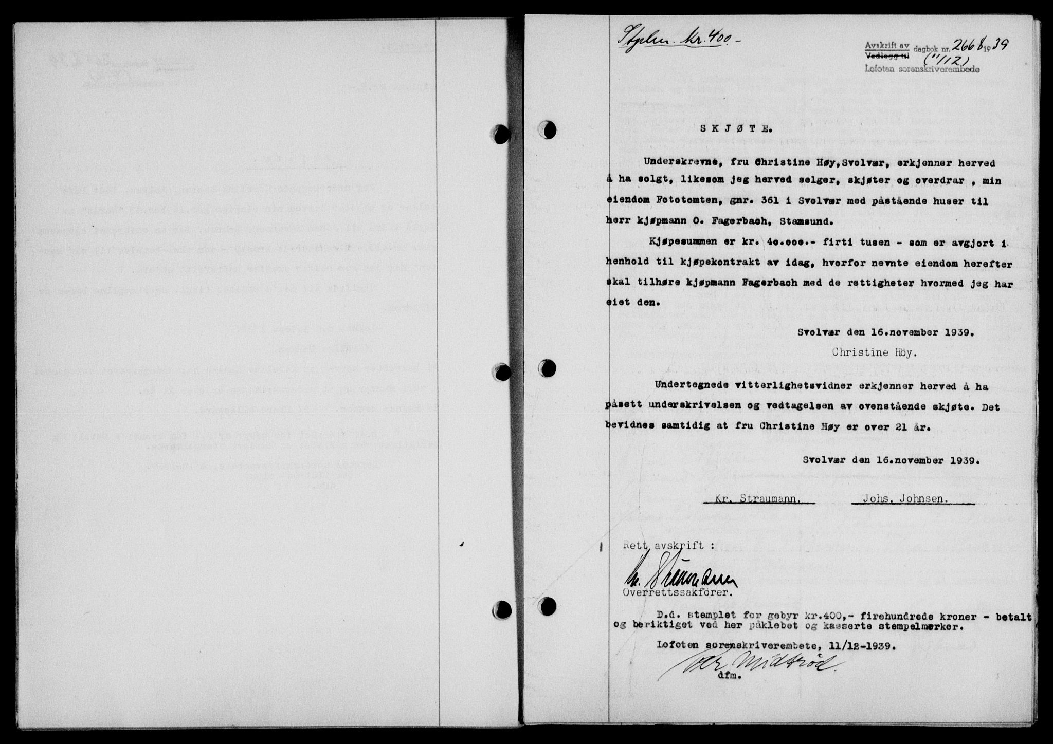 Lofoten sorenskriveri, SAT/A-0017/1/2/2C/L0007a: Mortgage book no. 7a, 1939-1940, Diary no: : 2668/1939