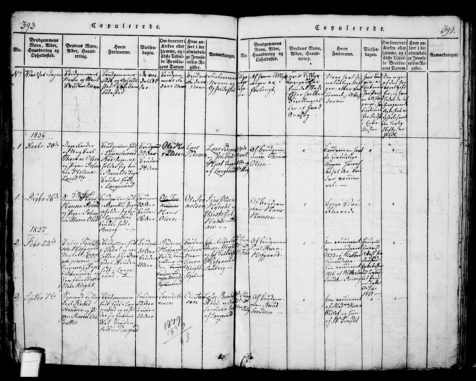 Langesund kirkebøker, SAKO/A-280/G/Ga/L0003: Parish register (copy) no. 3, 1815-1858, p. 393-394