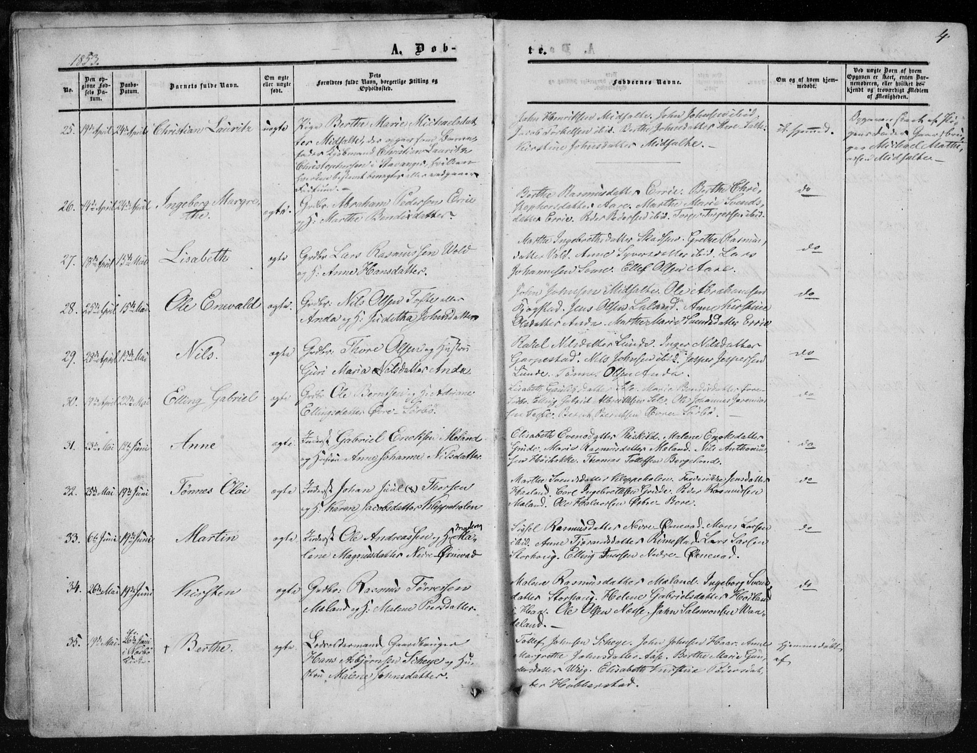 Klepp sokneprestkontor, AV/SAST-A-101803/001/3/30BA/L0005: Parish register (official) no. A 5, 1853-1870, p. 4