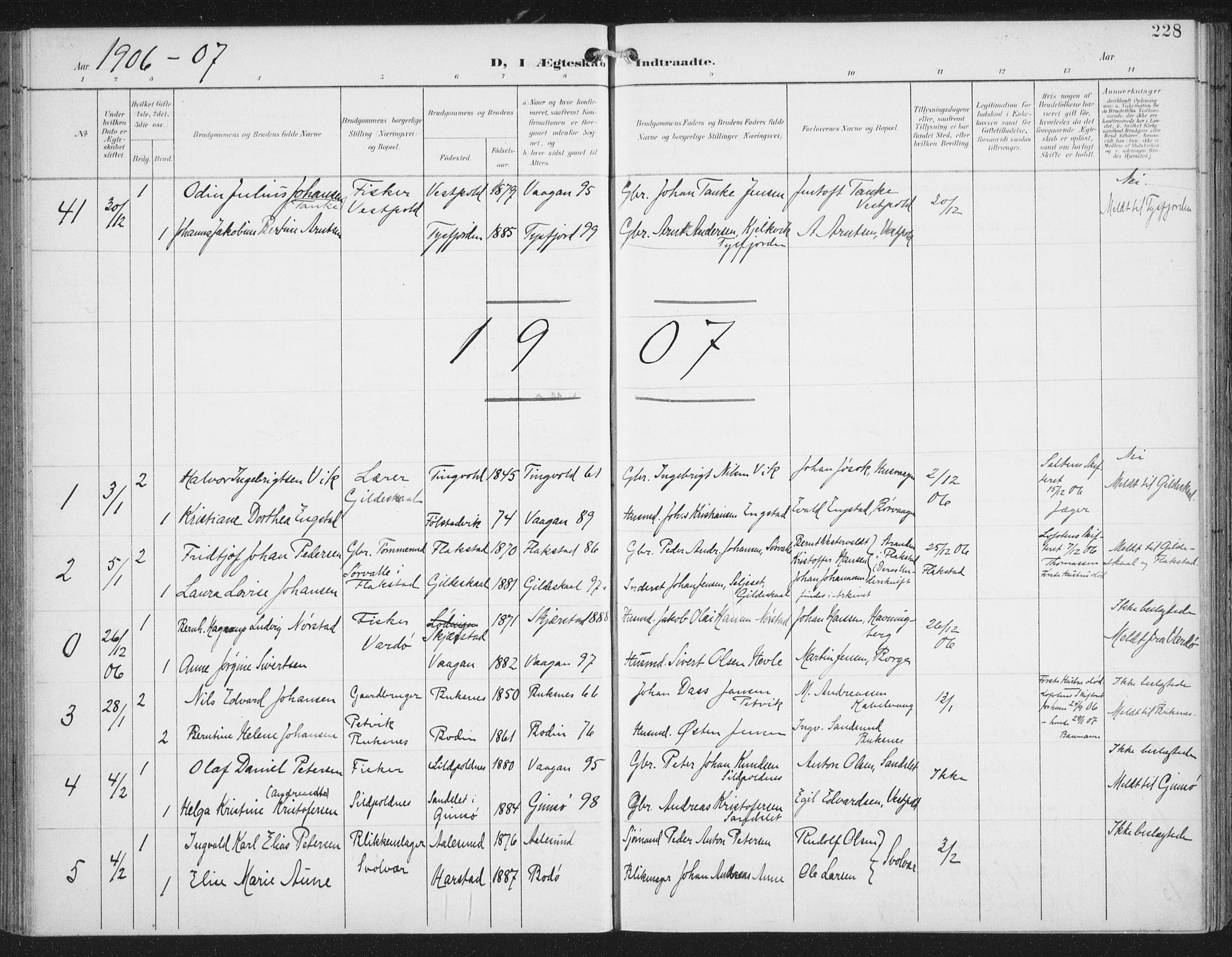 Ministerialprotokoller, klokkerbøker og fødselsregistre - Nordland, AV/SAT-A-1459/874/L1062: Parish register (official) no. 874A06, 1899-1907, p. 228