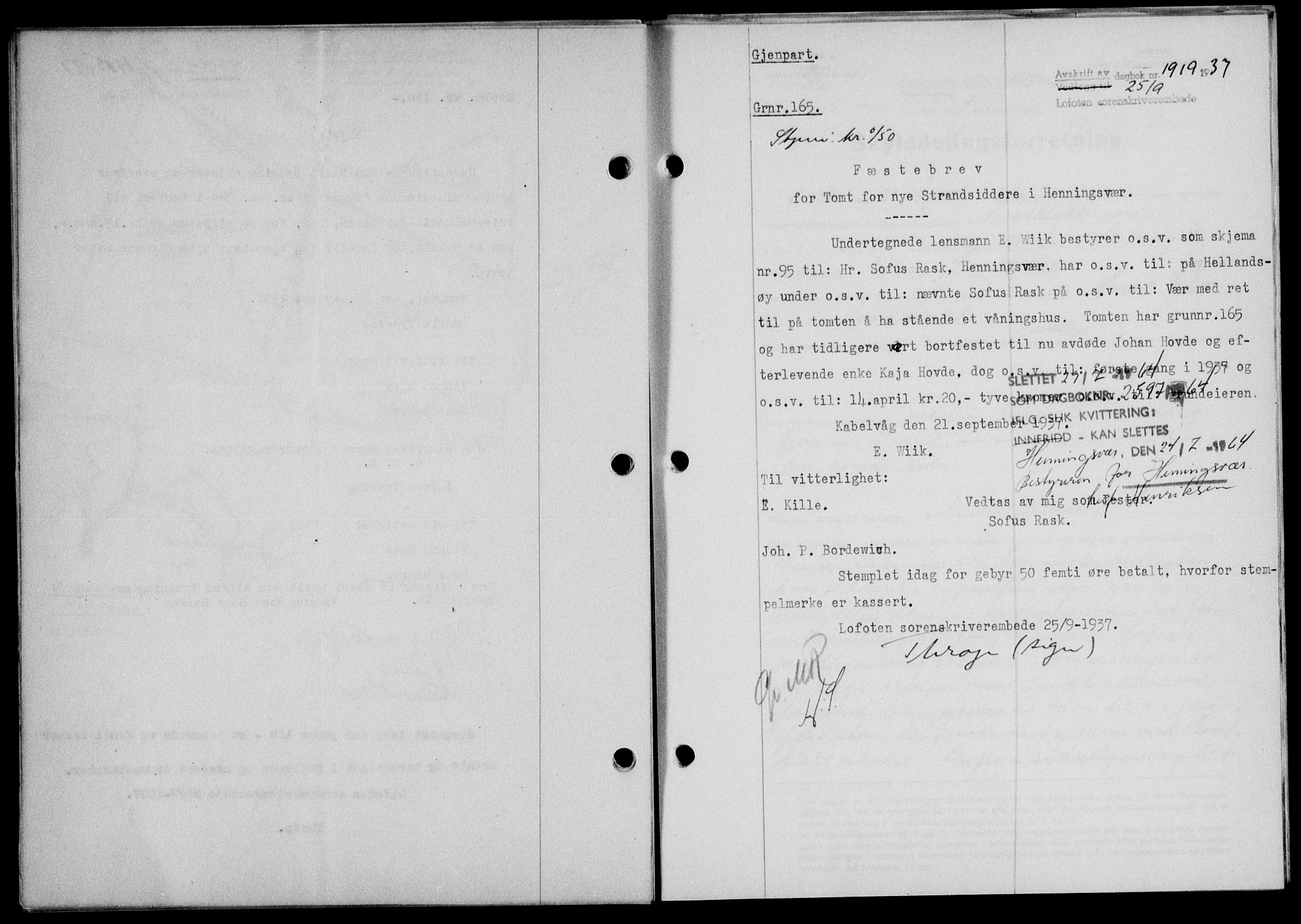 Lofoten sorenskriveri, SAT/A-0017/1/2/2C/L0002a: Mortgage book no. 2a, 1937-1937, Diary no: : 1919/1937