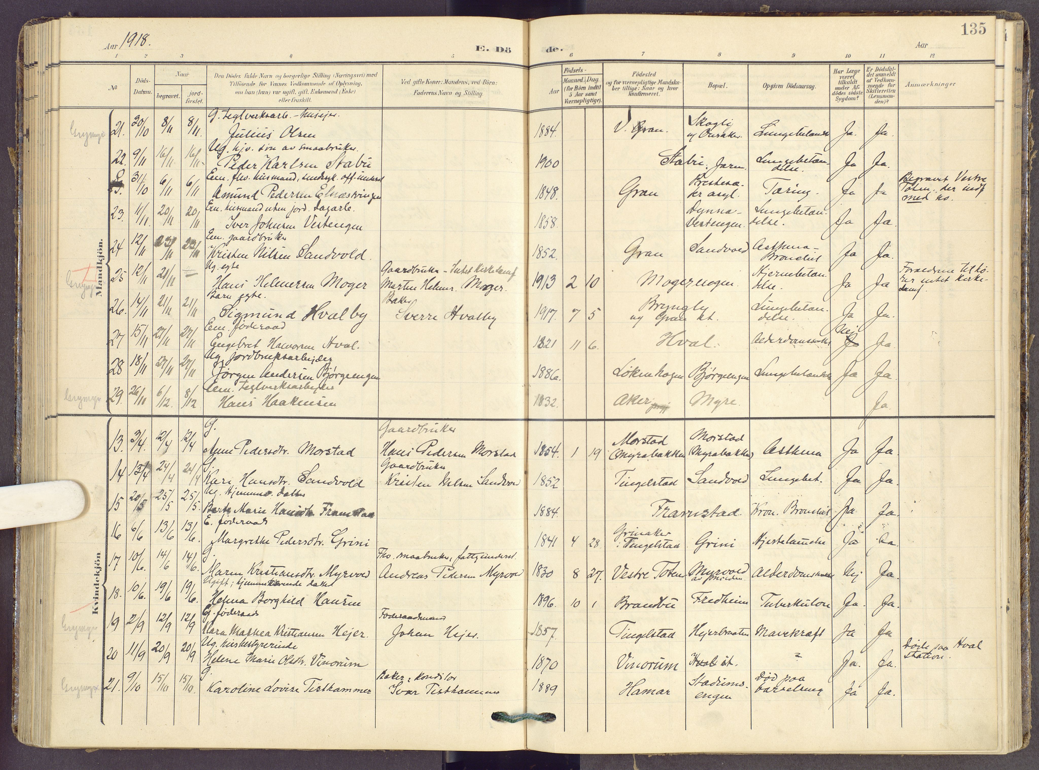 Gran prestekontor, AV/SAH-PREST-112/H/Ha/Haa/L0022: Parish register (official) no. 22, 1908-1918, p. 135