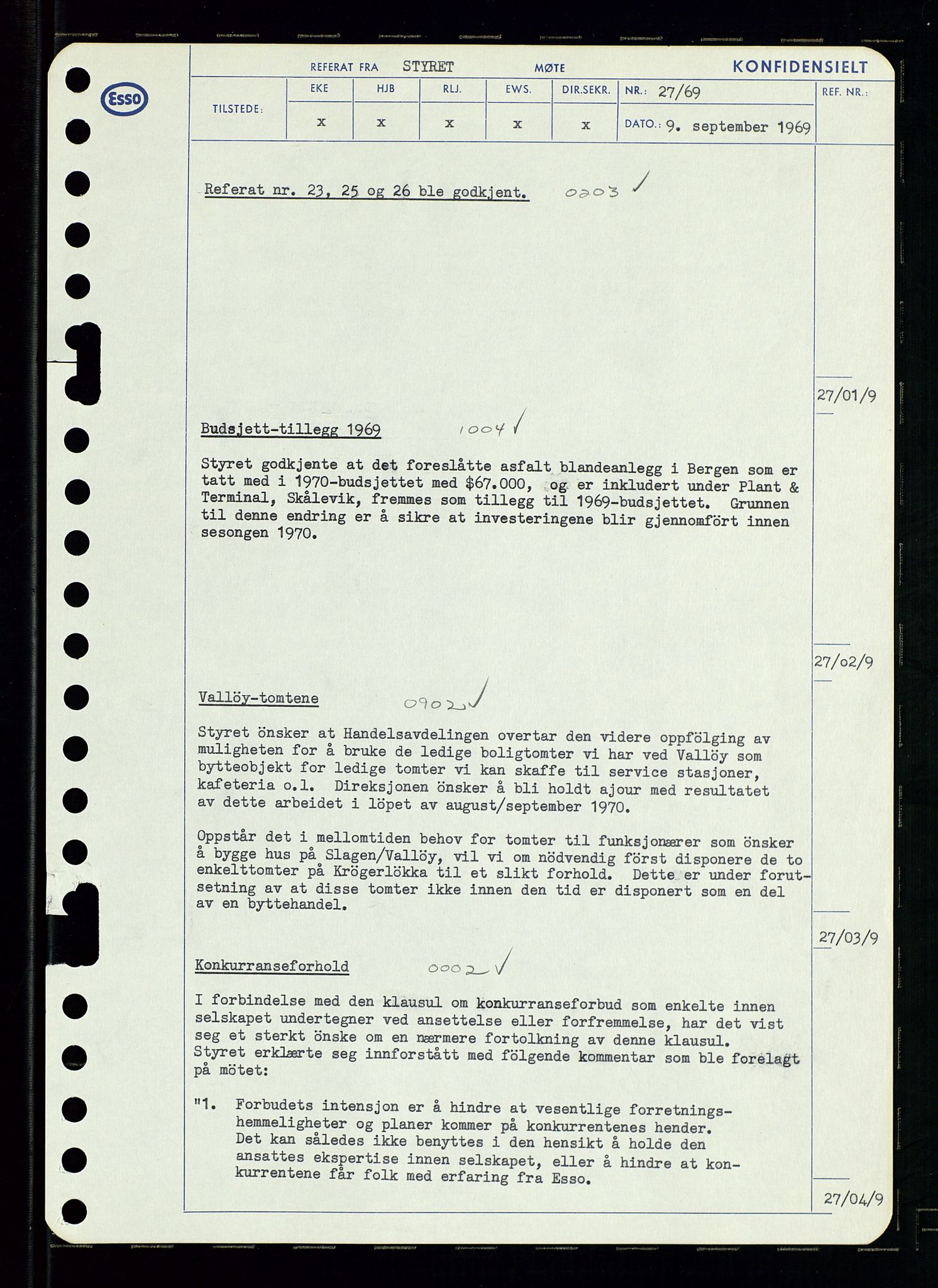 Pa 0982 - Esso Norge A/S, SAST/A-100448/A/Aa/L0003/0001: Den administrerende direksjon Board minutes (styrereferater) og Bedriftforsamlingsprotokoll / Den administrerende direksjon Board minutes (styrereferater), 1969, p. 30