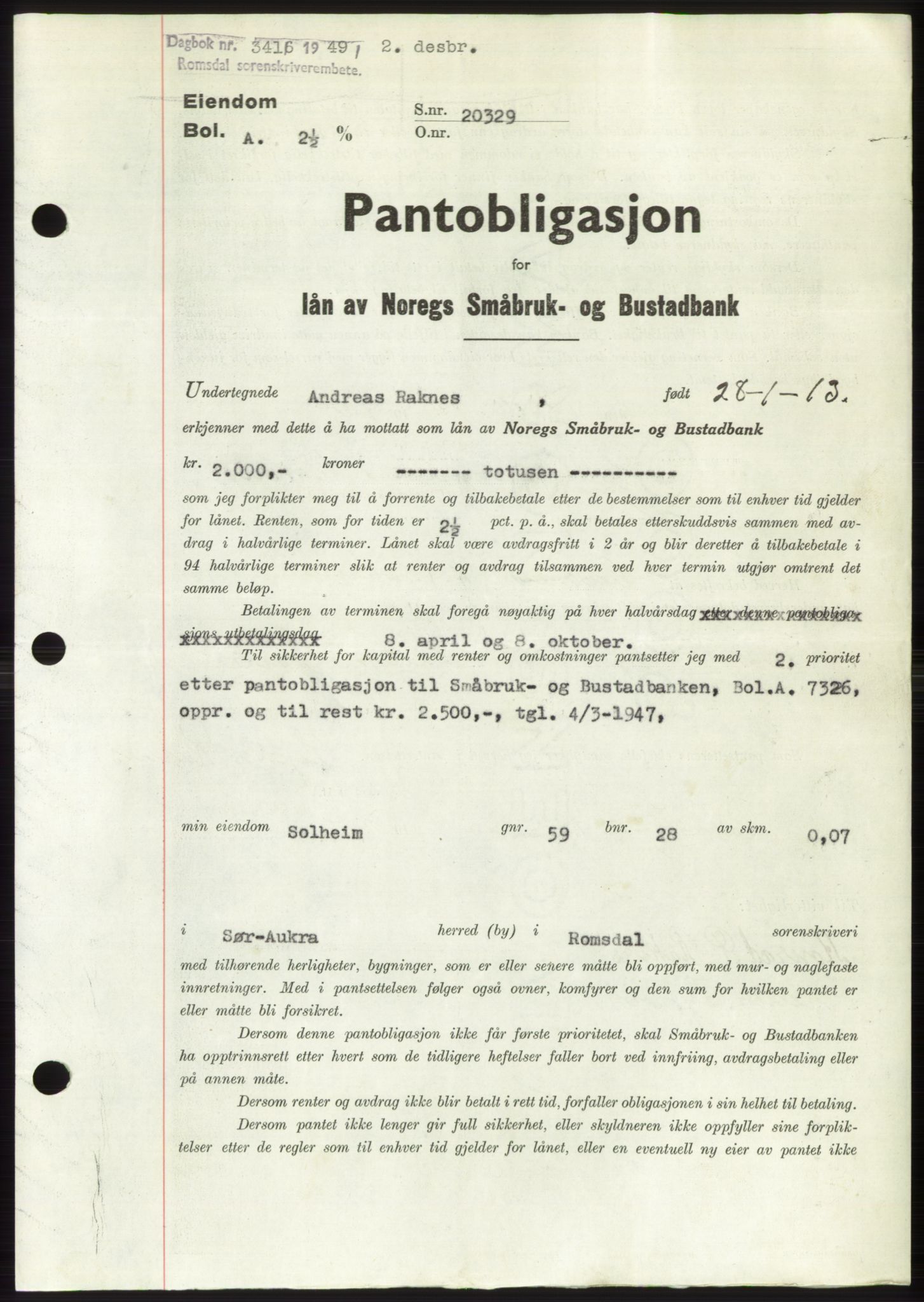 Romsdal sorenskriveri, AV/SAT-A-4149/1/2/2C: Mortgage book no. B5, 1949-1950, Diary no: : 3416/1949