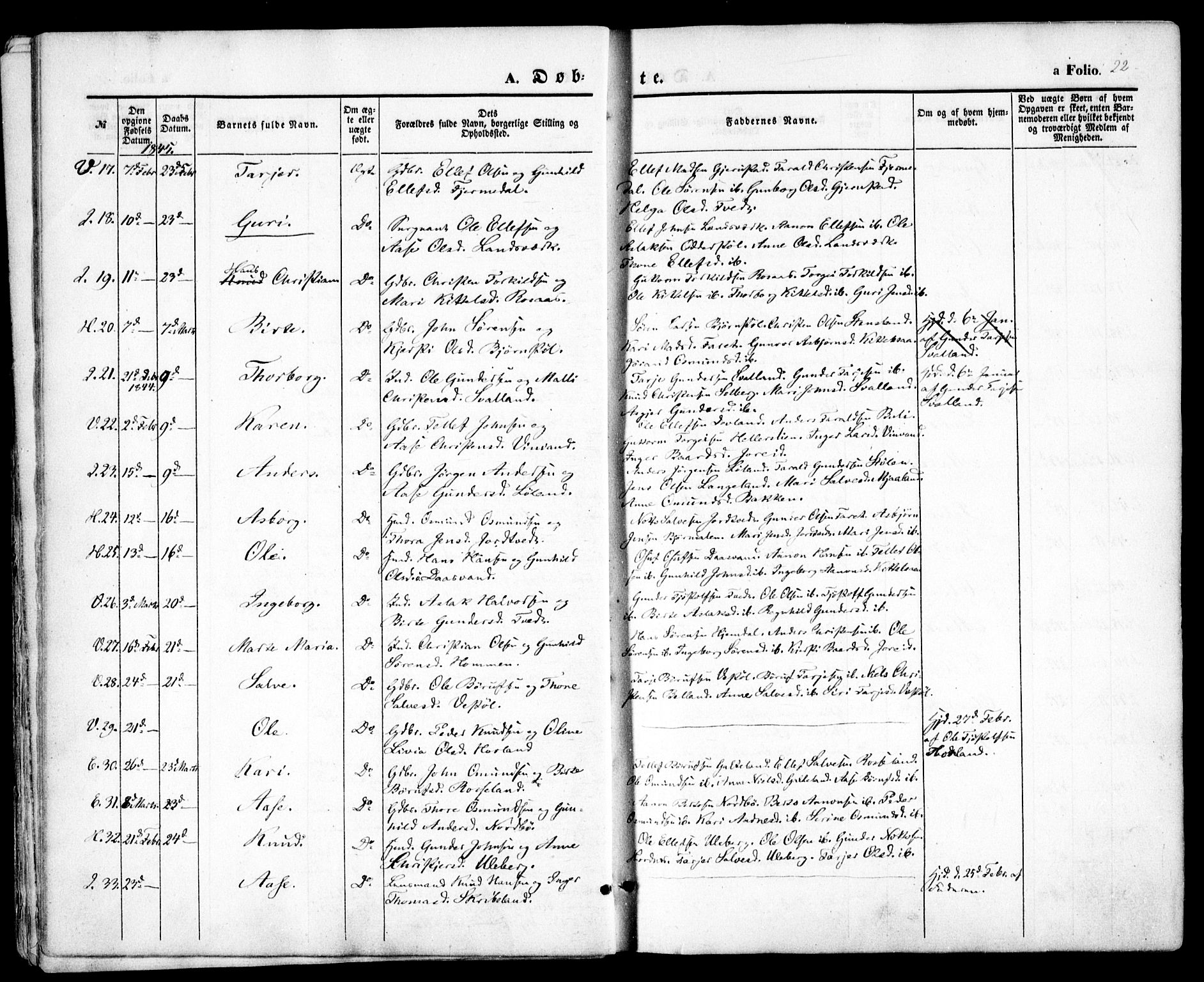 Evje sokneprestkontor, AV/SAK-1111-0008/F/Fa/Faa/L0005: Parish register (official) no. A 5, 1843-1865, p. 22