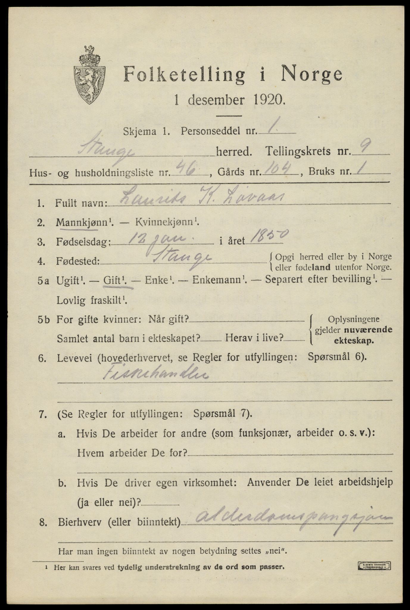 SAH, 1920 census for Stange, 1920, p. 15157