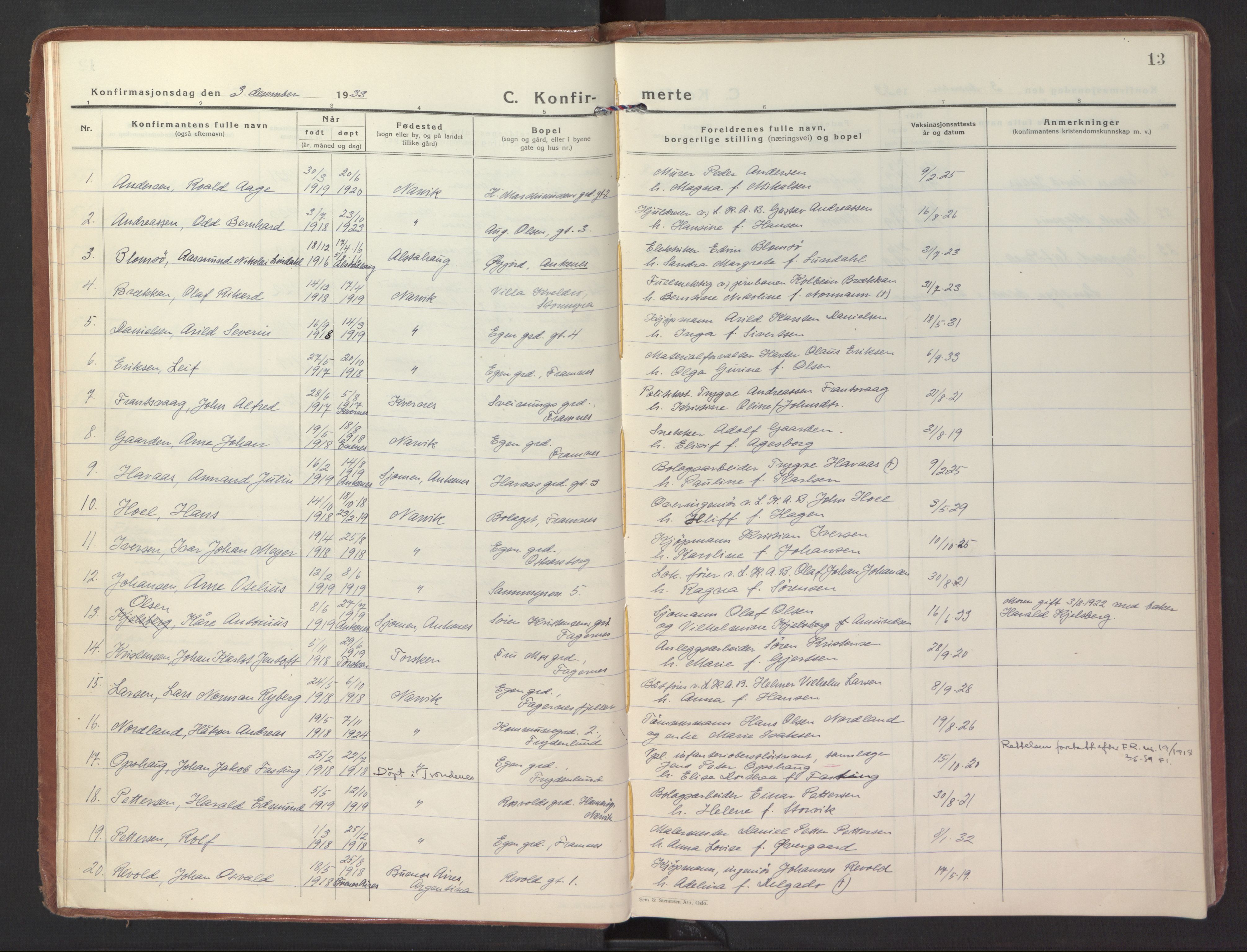 Ministerialprotokoller, klokkerbøker og fødselsregistre - Nordland, AV/SAT-A-1459/871/L1007: Parish register (official) no. 871A23, 1932-1942, p. 13