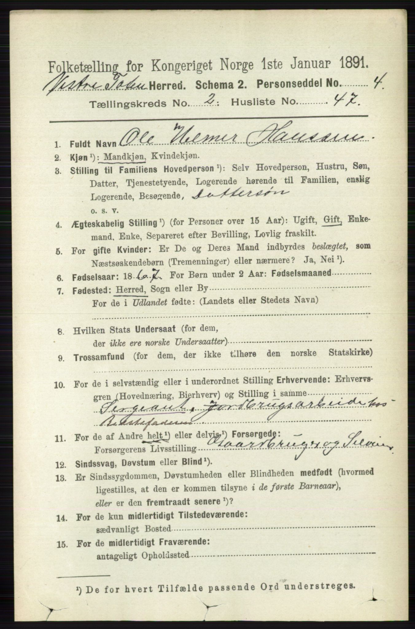 RA, 1891 census for 0529 Vestre Toten, 1891, p. 1703