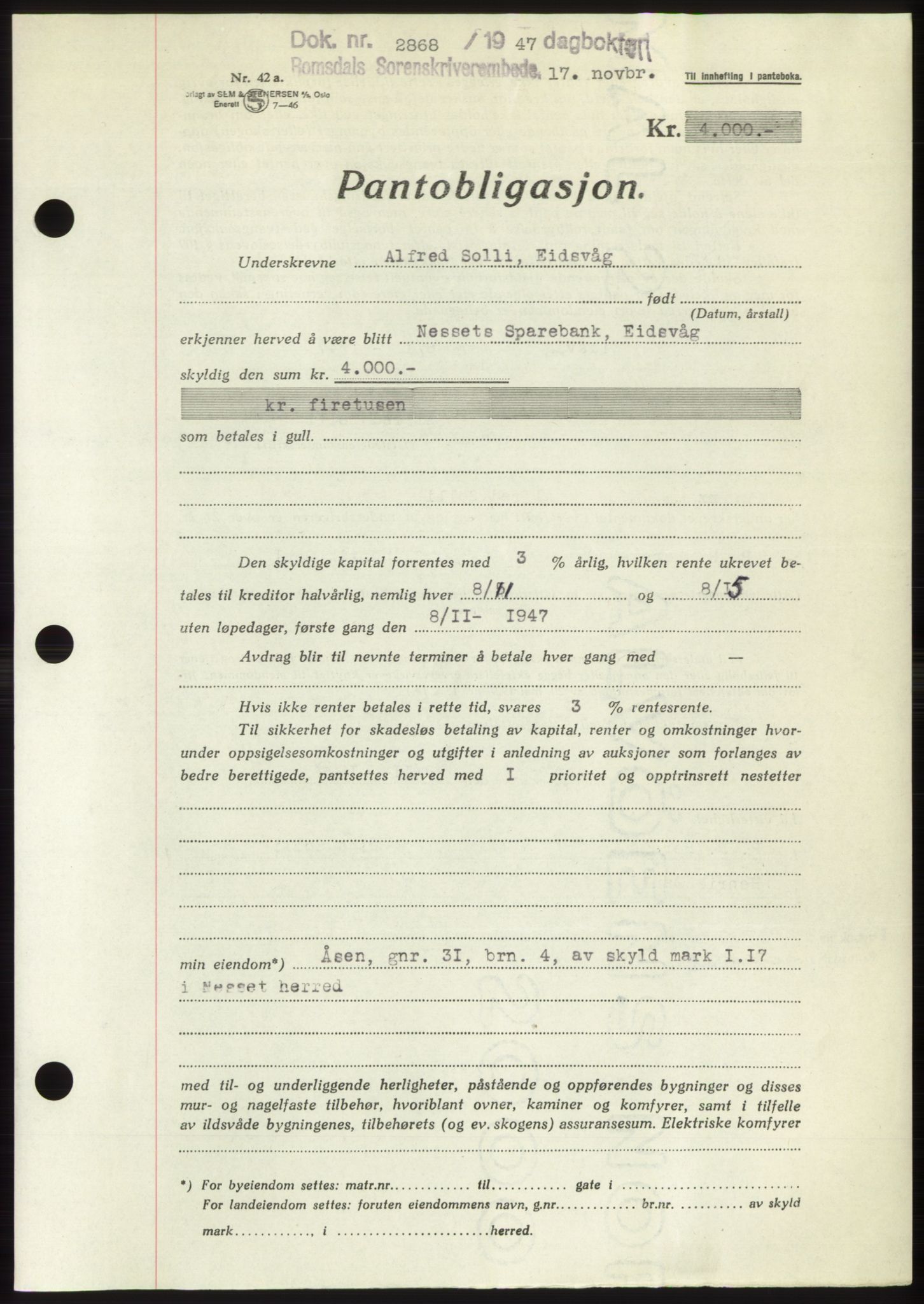 Romsdal sorenskriveri, AV/SAT-A-4149/1/2/2C: Mortgage book no. B3, 1946-1948, Diary no: : 2868/1947