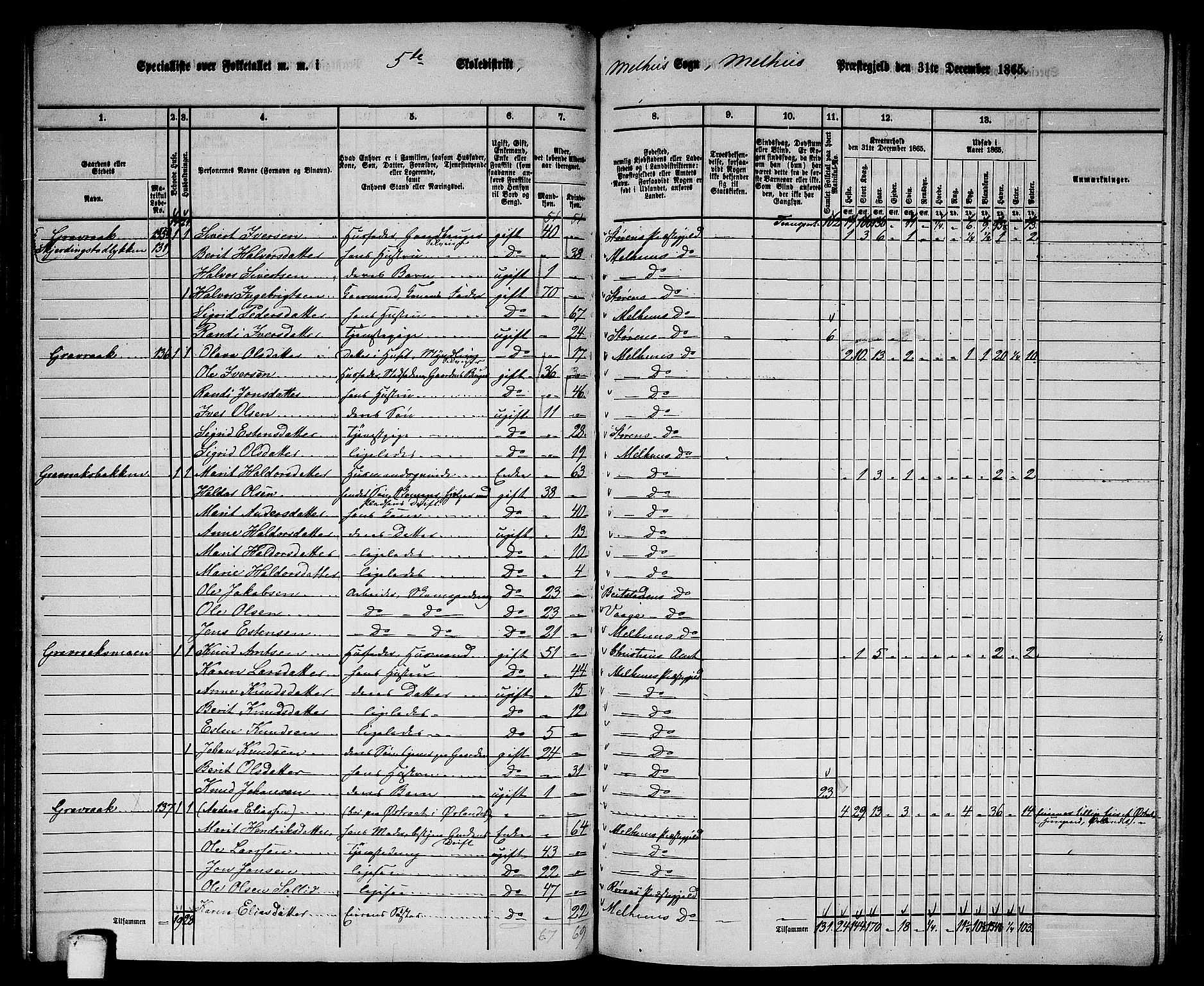 RA, 1865 census for Melhus, 1865, p. 95