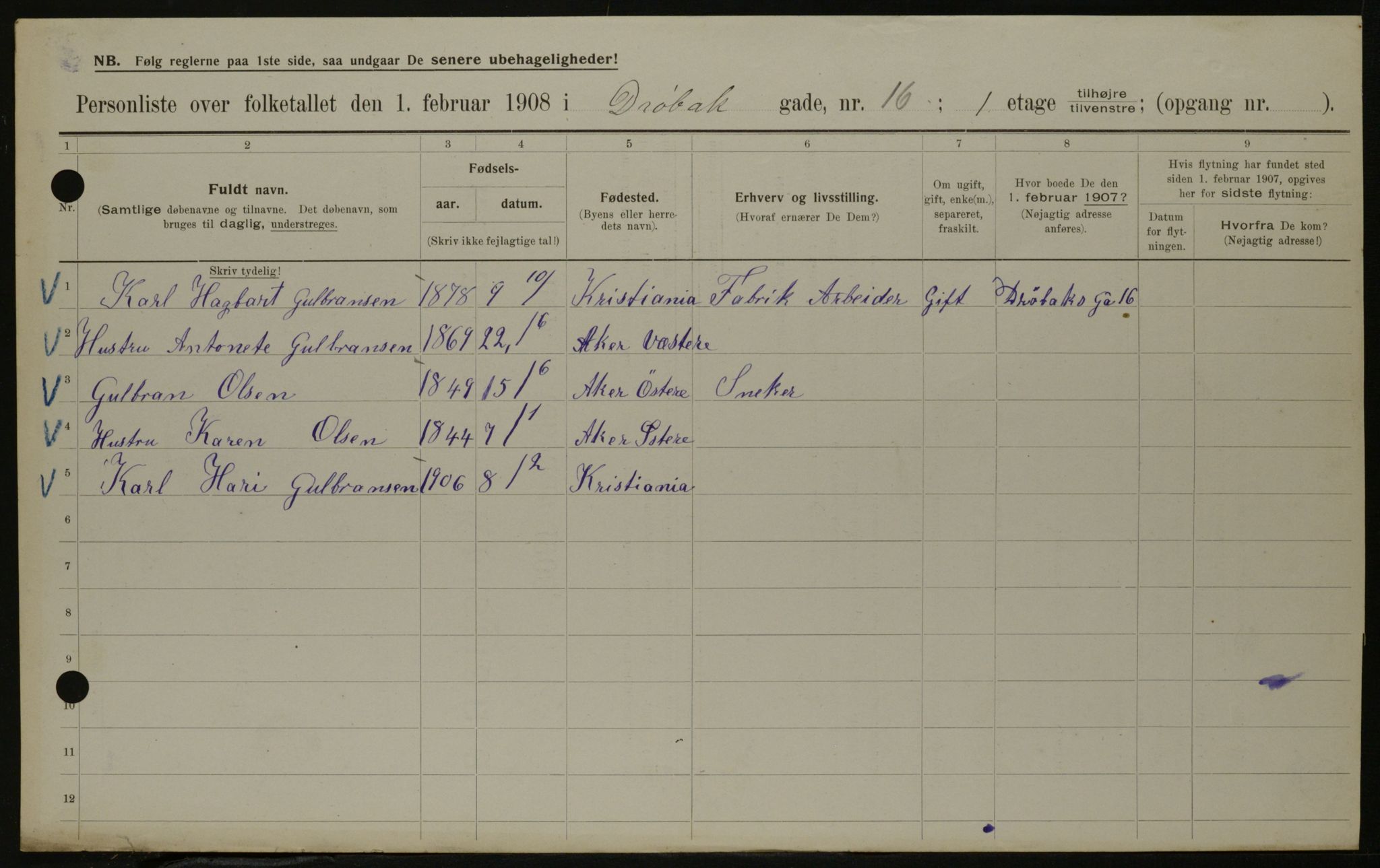 OBA, Municipal Census 1908 for Kristiania, 1908, p. 16191