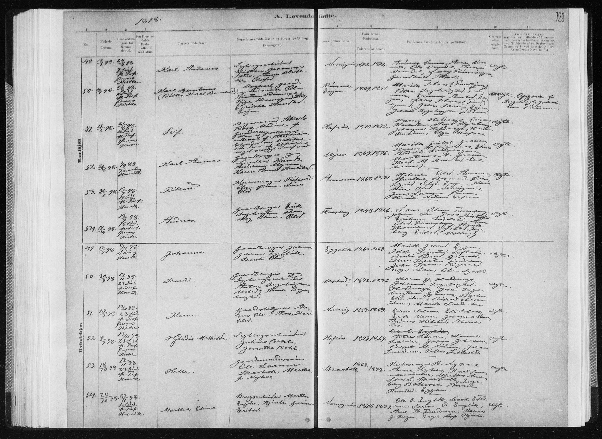 Ministerialprotokoller, klokkerbøker og fødselsregistre - Sør-Trøndelag, AV/SAT-A-1456/668/L0818: Parish register (copy) no. 668C07, 1885-1898, p. 129